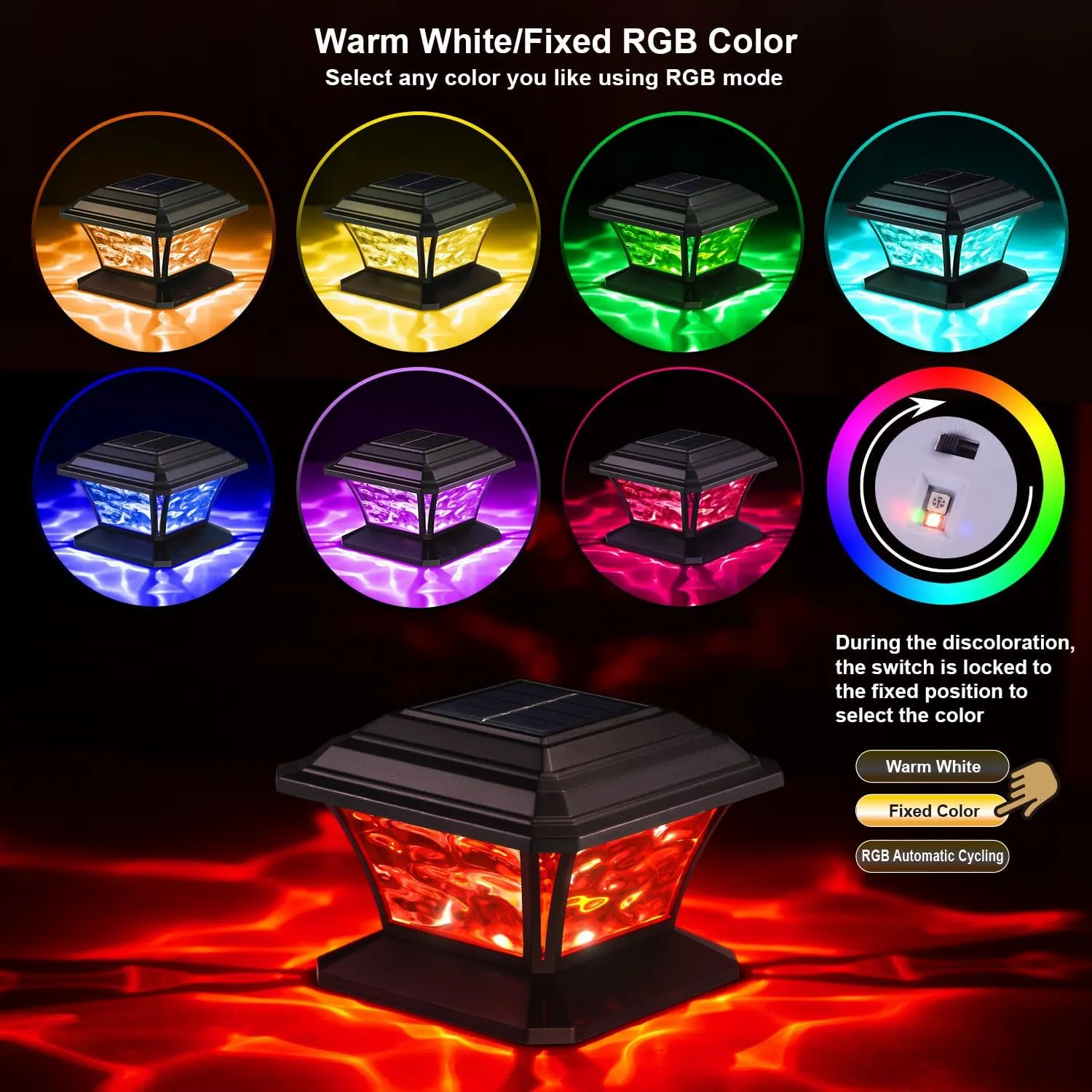 Solar Post Cap Lights, Warm White & RGB Automatic Cycling & Fixed RGB Color, 9 Colors to Choose, 20 Lumens lP65 Waterproof Fit 3.5x3.5 4x4 4.5x4.5 5x5 Wood Post Lights Black (12 Pack)