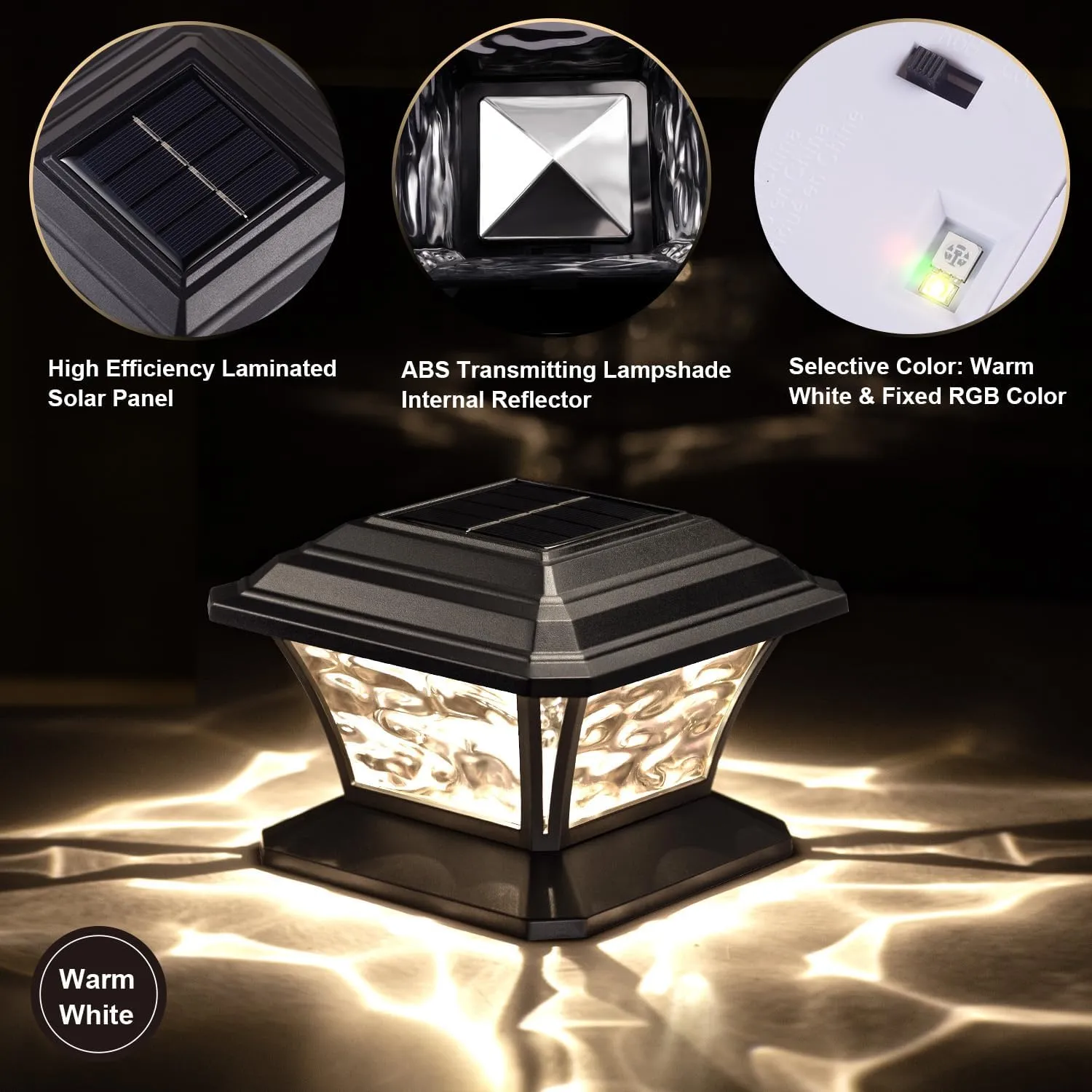 Solar Post Cap Lights, Warm White & RGB Automatic Cycling & Fixed RGB Color, 9 Colors to Choose, 20 Lumens lP65 Waterproof Fit 3.5x3.5 4x4 4.5x4.5 5x5 Wood Post Lights Black (12 Pack)