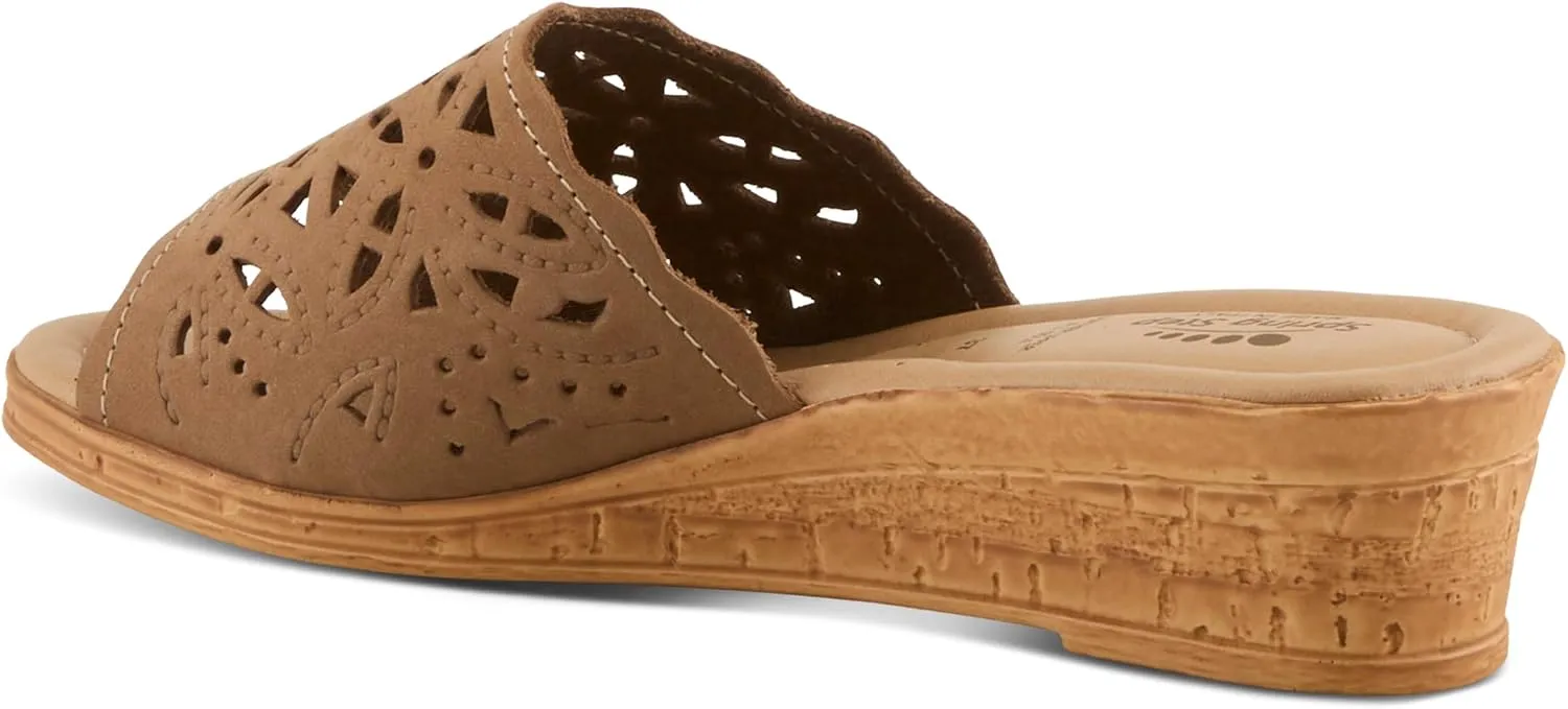 Spring Step Estella Women's Fashion Wedge Slide Sandals – Casual Leather Heel with Geometric Laser-Cut Detailing