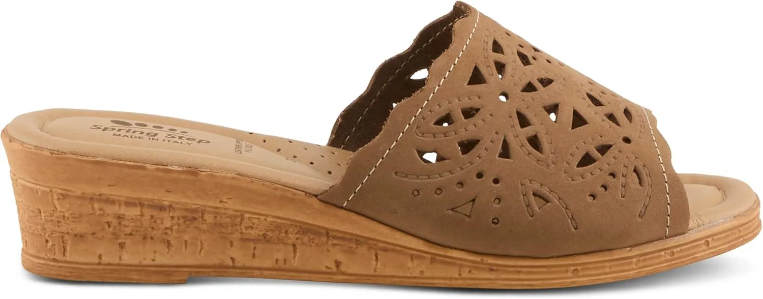 Spring Step Estella Women's Fashion Wedge Slide Sandals – Casual Leather Heel with Geometric Laser-Cut Detailing
