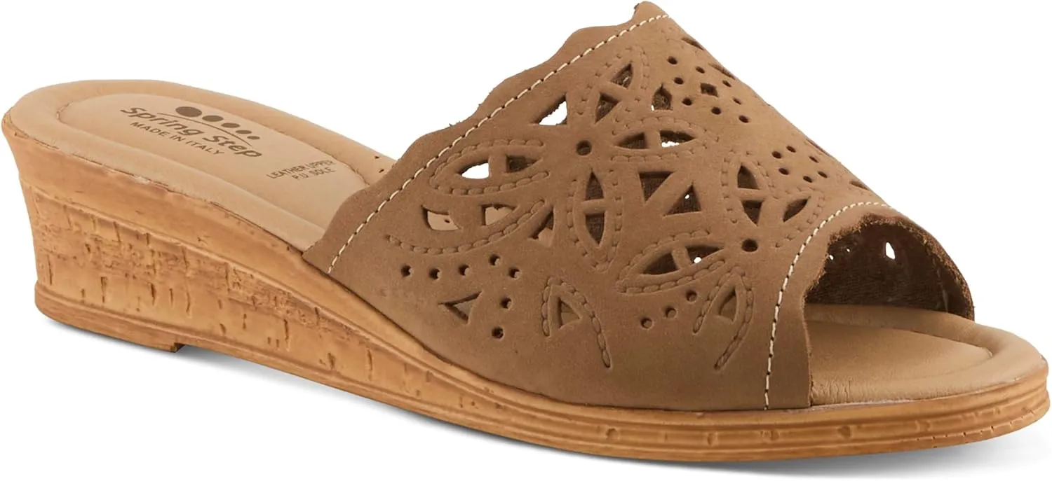 Spring Step Estella Women's Fashion Wedge Slide Sandals – Casual Leather Heel with Geometric Laser-Cut Detailing