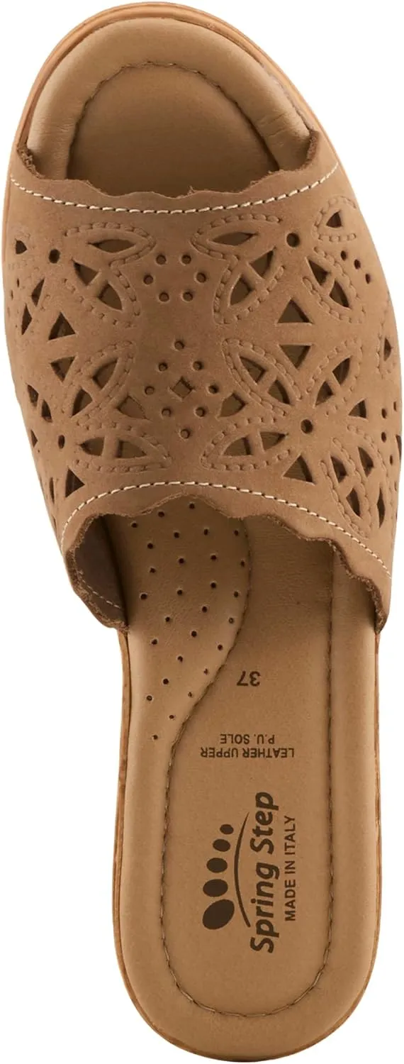 Spring Step Estella Women's Fashion Wedge Slide Sandals – Casual Leather Heel with Geometric Laser-Cut Detailing