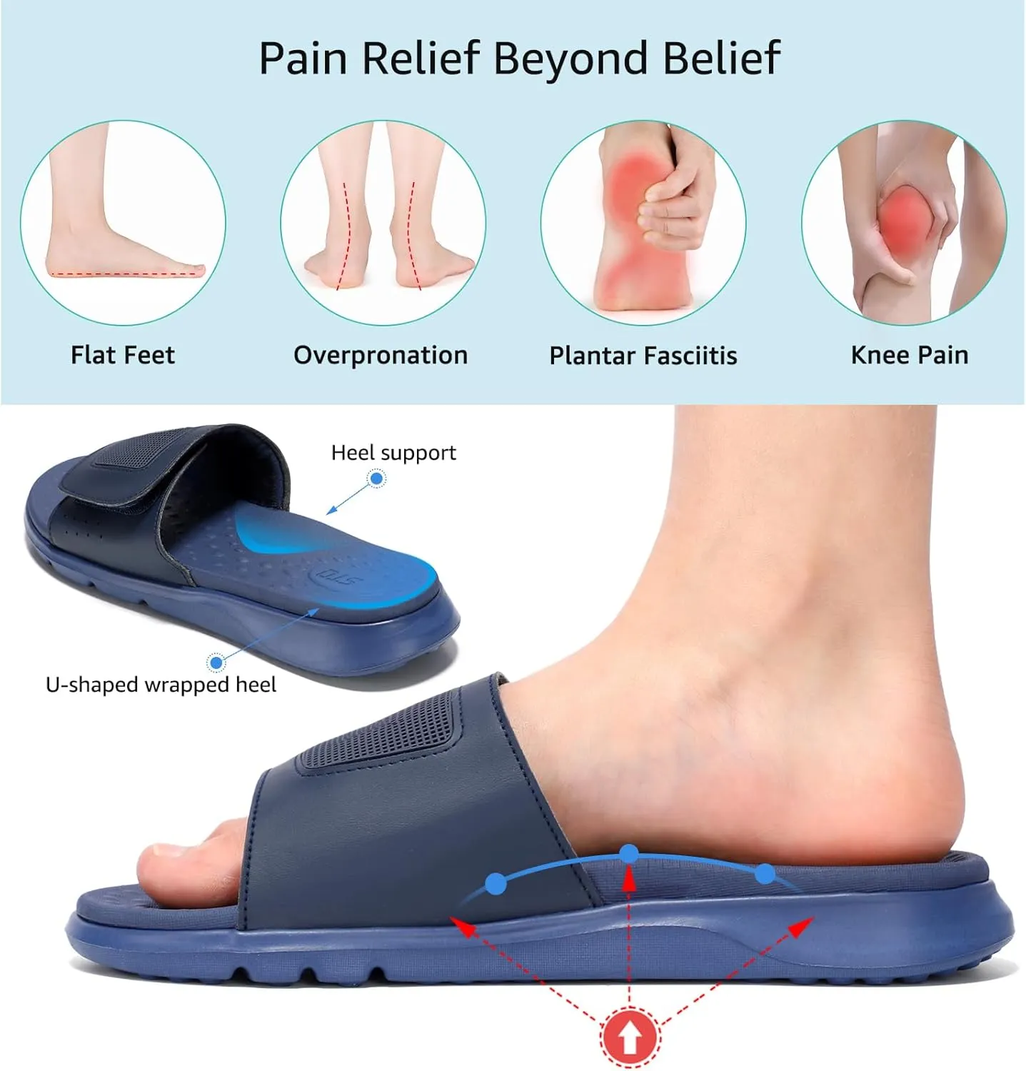 STQ Orthopedic Slides for Womens Arch Support Memory Foam Sandals with Adjustable Hook and Loop for Post Sport Pain Relief