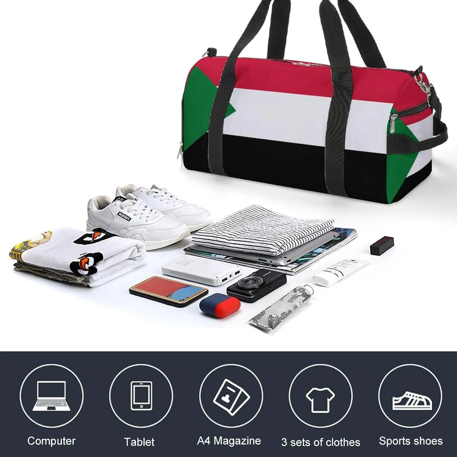 Sudan Flag Gym Bag for Men Women with Shoe Compartment Waterproof Sports Travel