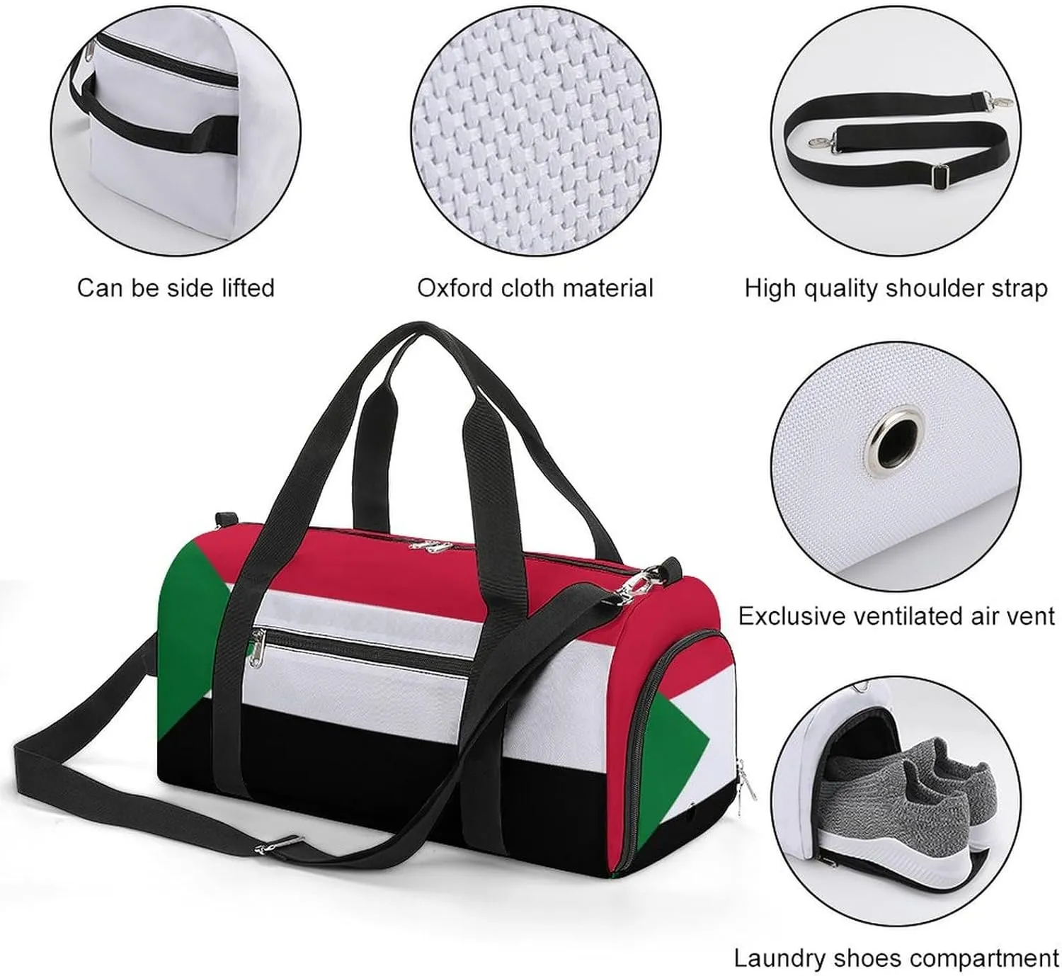 Sudan Flag Gym Bag for Men Women with Shoe Compartment Waterproof Sports Travel