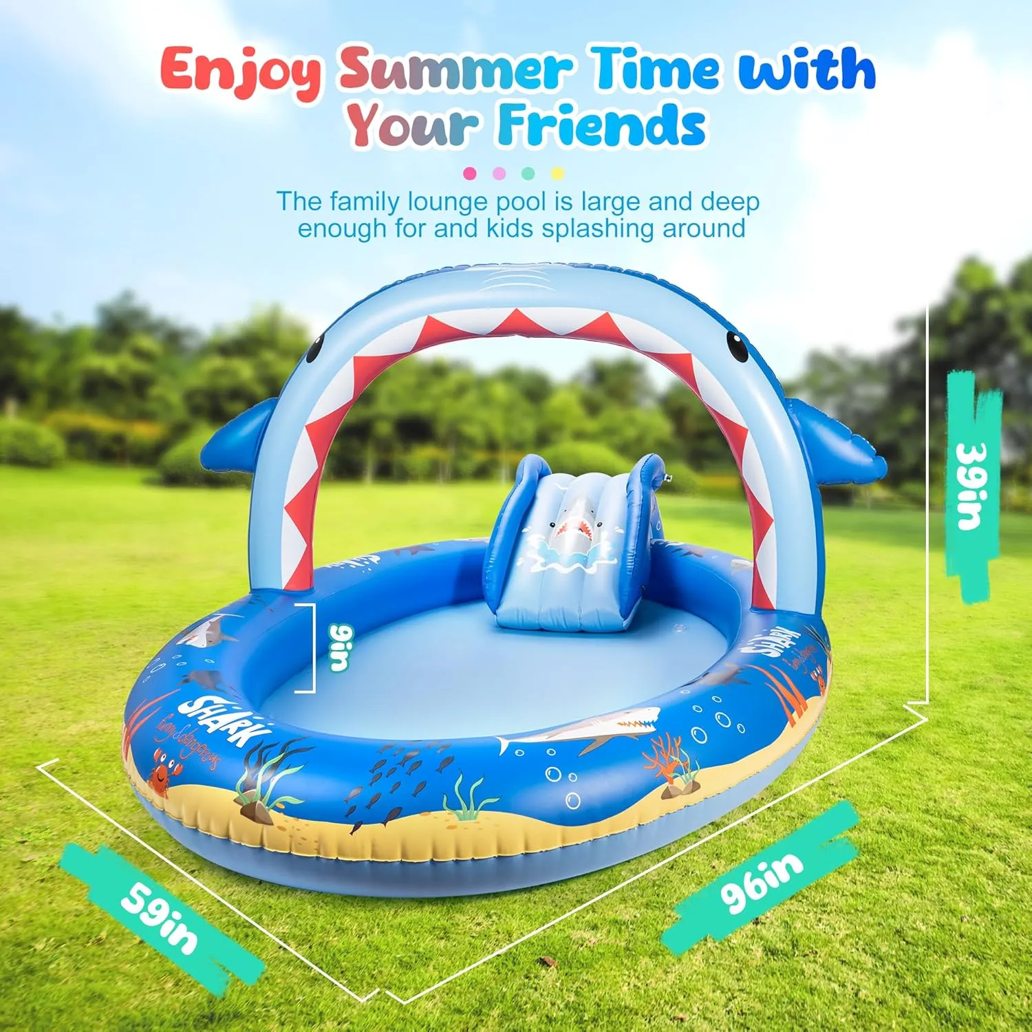SULIFEEL Shark Inflatable Play Center Kiddie Pool with Slide and Sprinkler for Children, 8ft x 5ft x 9.5in Baby Pool for Backyard and Garden, Free Inflatable Pump