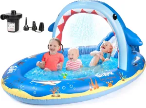 SULIFEEL Shark Inflatable Play Center Kiddie Pool with Slide and Sprinkler for Children, 8ft x 5ft x 9.5in Baby Pool for Backyard and Garden, Free Inflatable Pump
