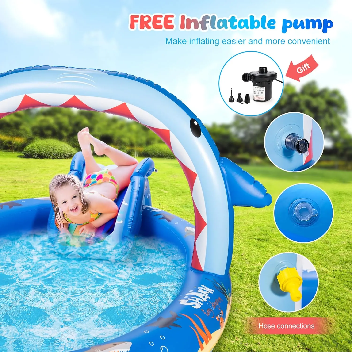 SULIFEEL Shark Inflatable Play Center Kiddie Pool with Slide and Sprinkler for Children, 8ft x 5ft x 9.5in Baby Pool for Backyard and Garden, Free Inflatable Pump