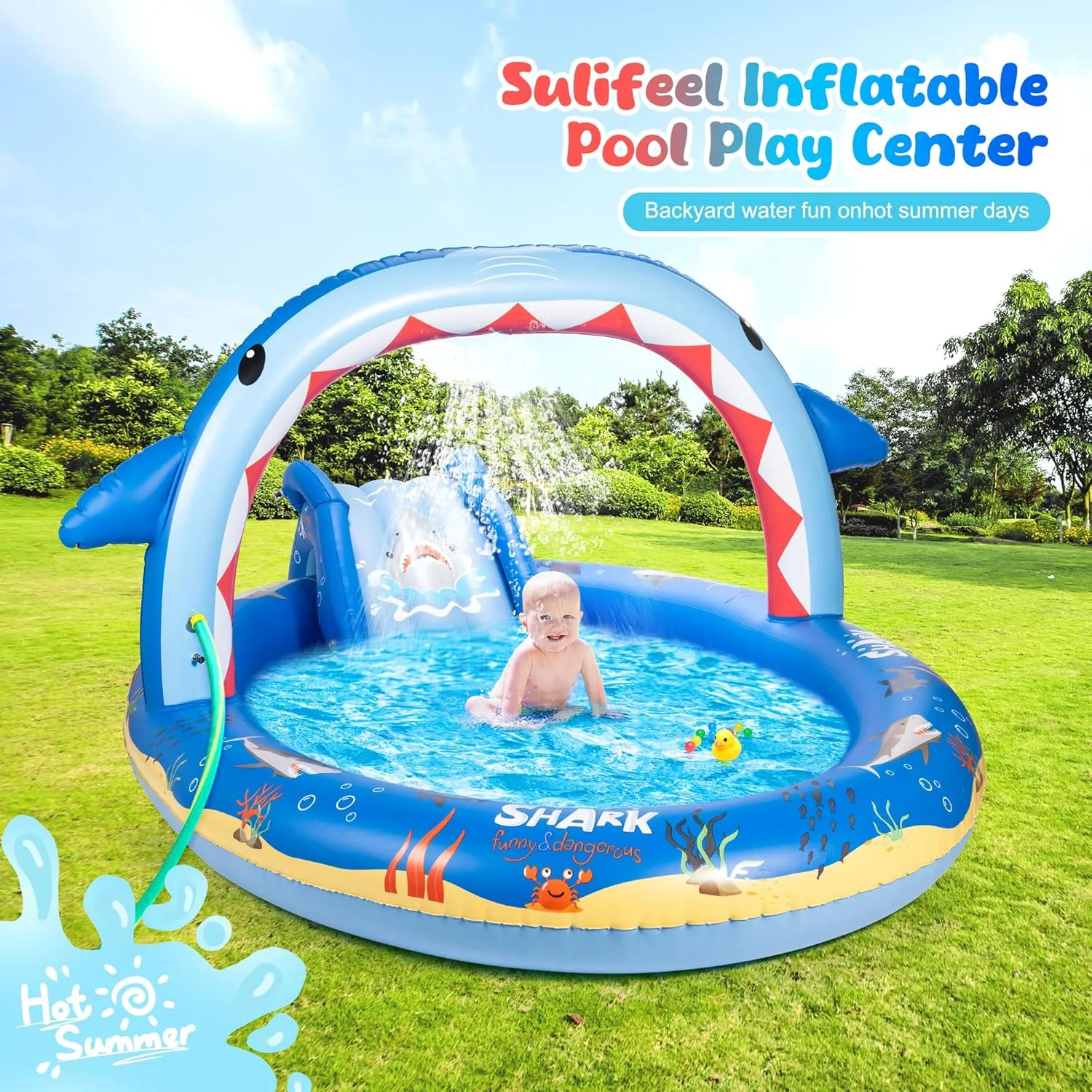 SULIFEEL Shark Inflatable Play Center Kiddie Pool with Slide and Sprinkler for Children, 8ft x 5ft x 9.5in Baby Pool for Backyard and Garden, Free Inflatable Pump
