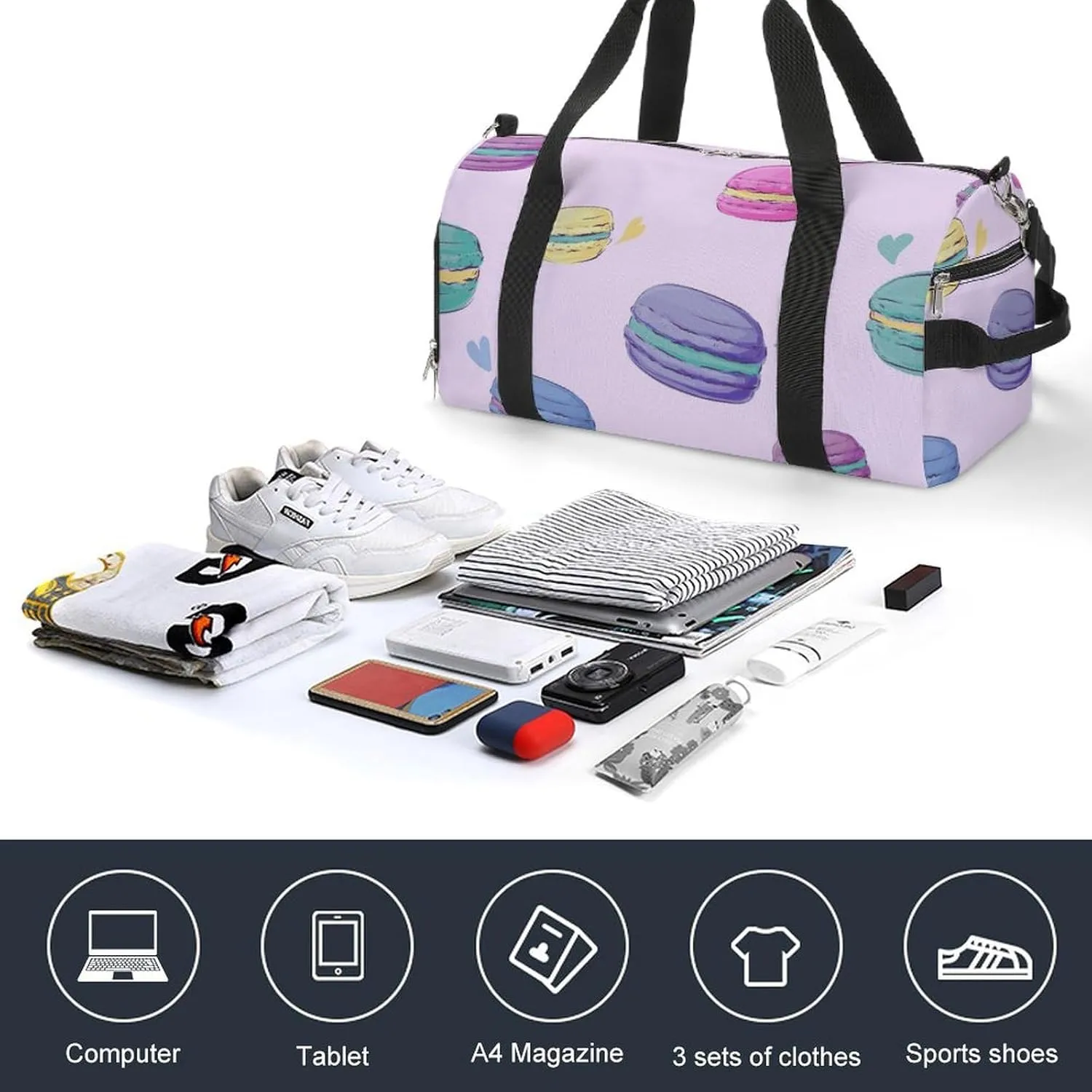 Sweets of Macaron Fitness Large Gym Bag for Unisex with Shoe Compartment & Wet Pocket