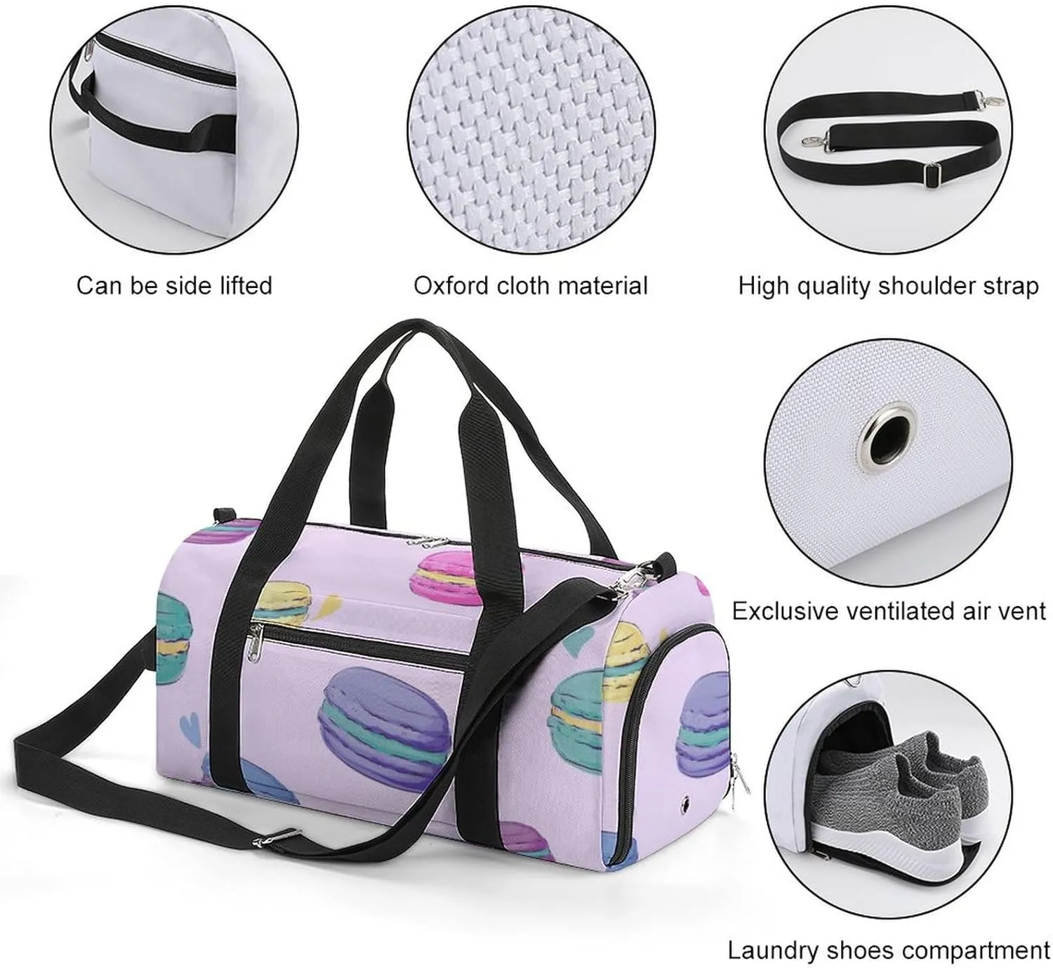 Sweets of Macaron Fitness Large Gym Bag for Unisex with Shoe Compartment & Wet Pocket