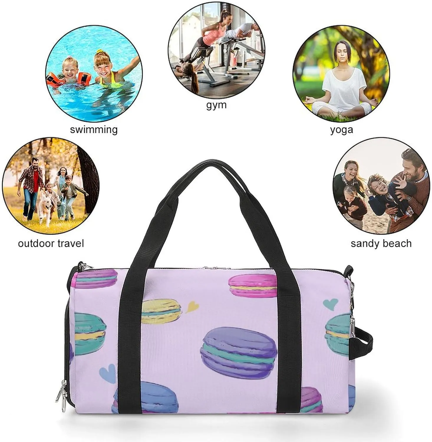Sweets of Macaron Fitness Large Gym Bag for Unisex with Shoe Compartment & Wet Pocket