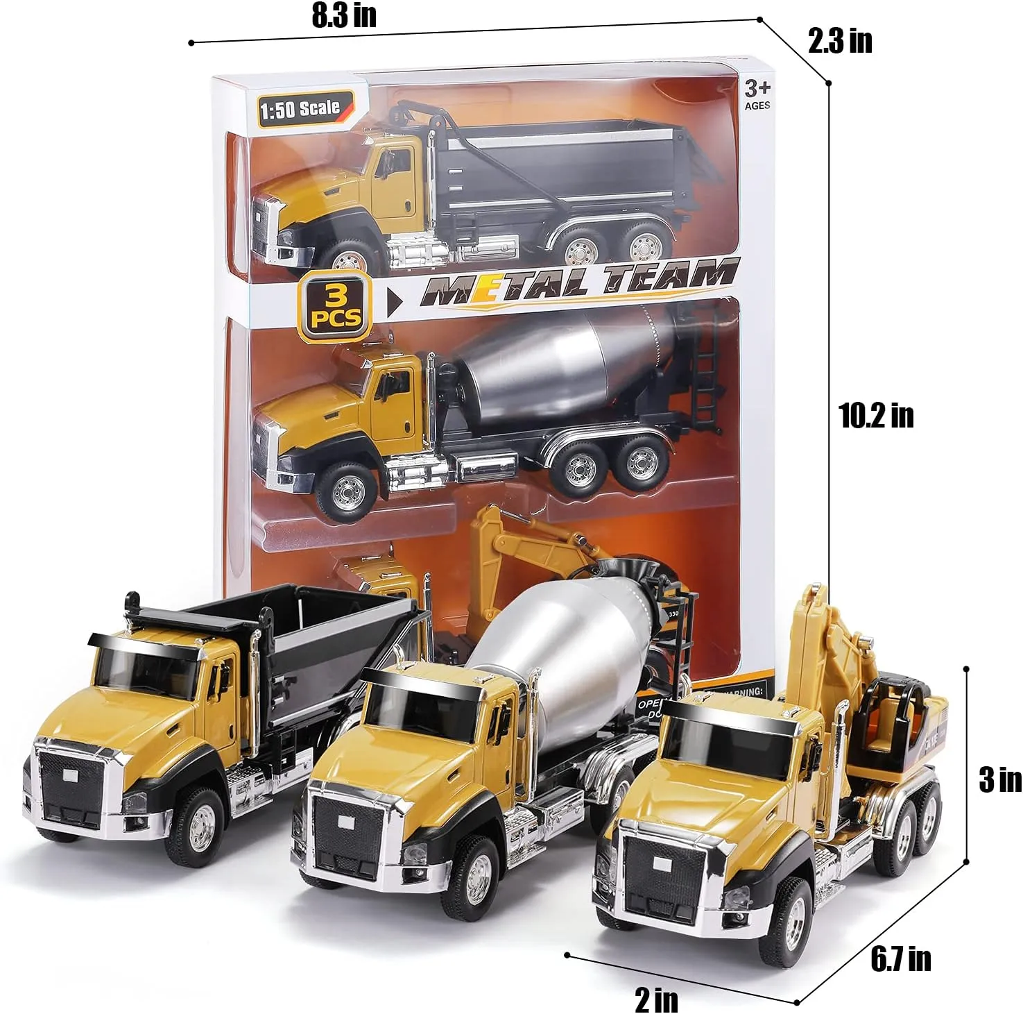 TEMI 3 Pack of Diecast Engineering Construction Vehicles, Dump Truck, Digger, Mixer Truck, 1/50 Scale Metal Collectible Model Cars, Pull Back Car Toys with Opening Doors for Boys and Girls