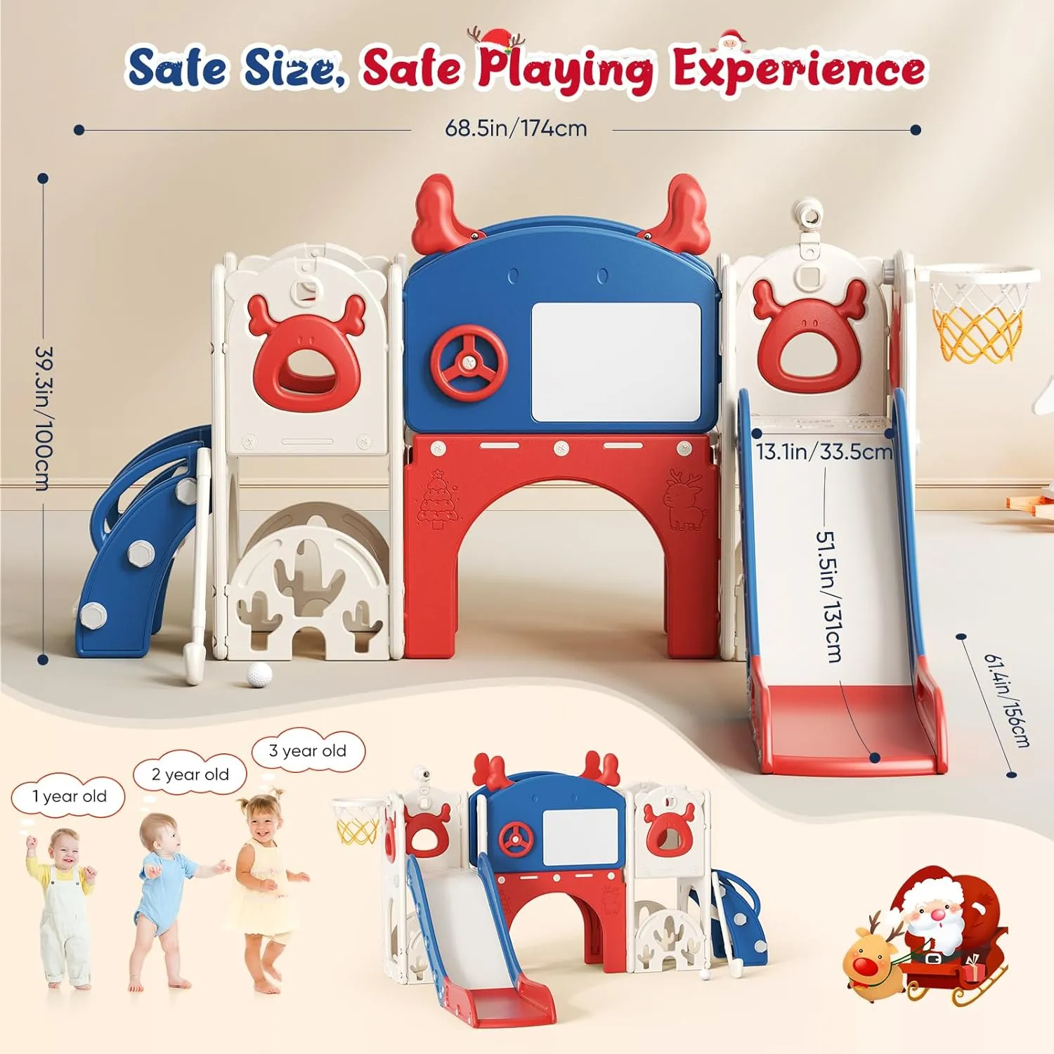 Toddler Slide, 11 in 1 Toddler Playset - Upgrade with Kids Slide, Drawing Board, Golf Set, Basketball Hoop and Storage Space for Age 1-3, Indoor and Outdoor Playground