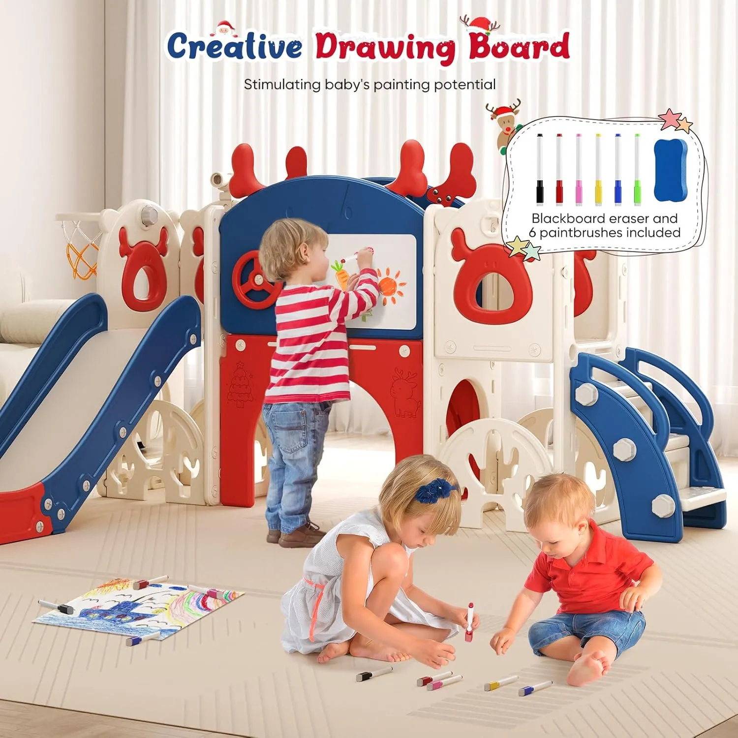 Toddler Slide, 11 in 1 Toddler Playset - Upgrade with Kids Slide, Drawing Board, Golf Set, Basketball Hoop and Storage Space for Age 1-3, Indoor and Outdoor Playground