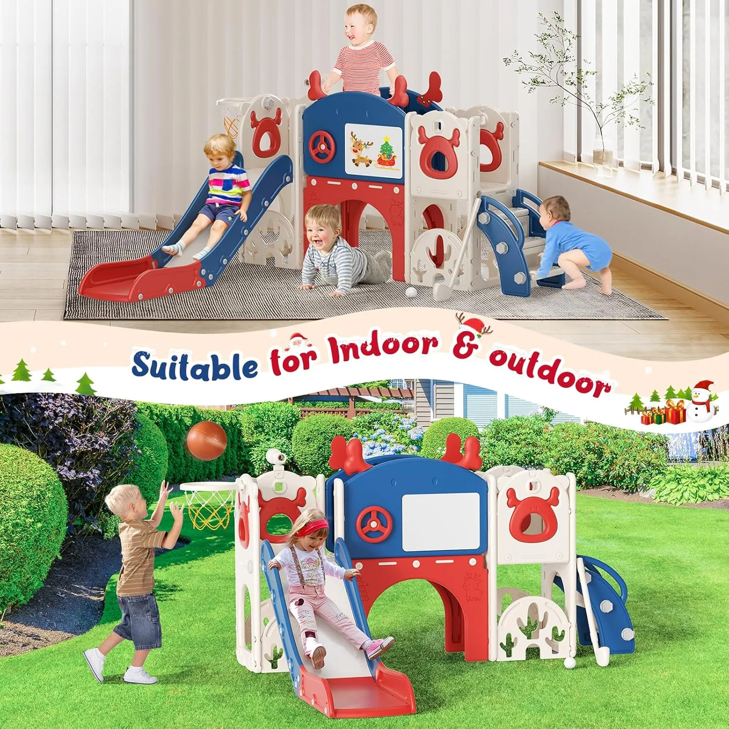 Toddler Slide, 11 in 1 Toddler Playset - Upgrade with Kids Slide, Drawing Board, Golf Set, Basketball Hoop and Storage Space for Age 1-3, Indoor and Outdoor Playground