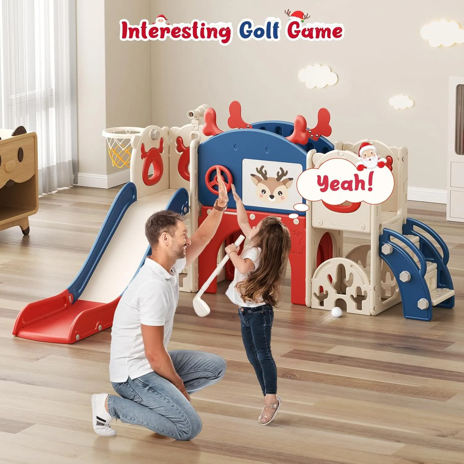 Toddler Slide, 11 in 1 Toddler Playset - Upgrade with Kids Slide, Drawing Board, Golf Set, Basketball Hoop and Storage Space for Age 1-3, Indoor and Outdoor Playground