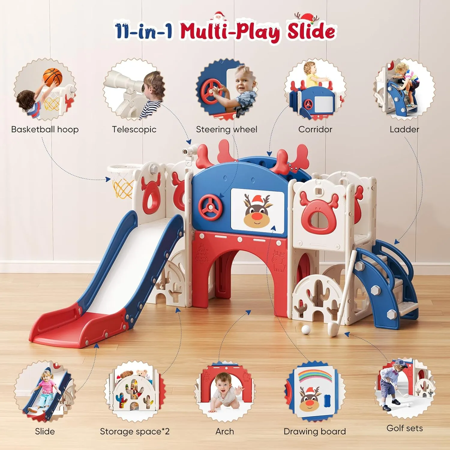 Toddler Slide, 11 in 1 Toddler Playset - Upgrade with Kids Slide, Drawing Board, Golf Set, Basketball Hoop and Storage Space for Age 1-3, Indoor and Outdoor Playground