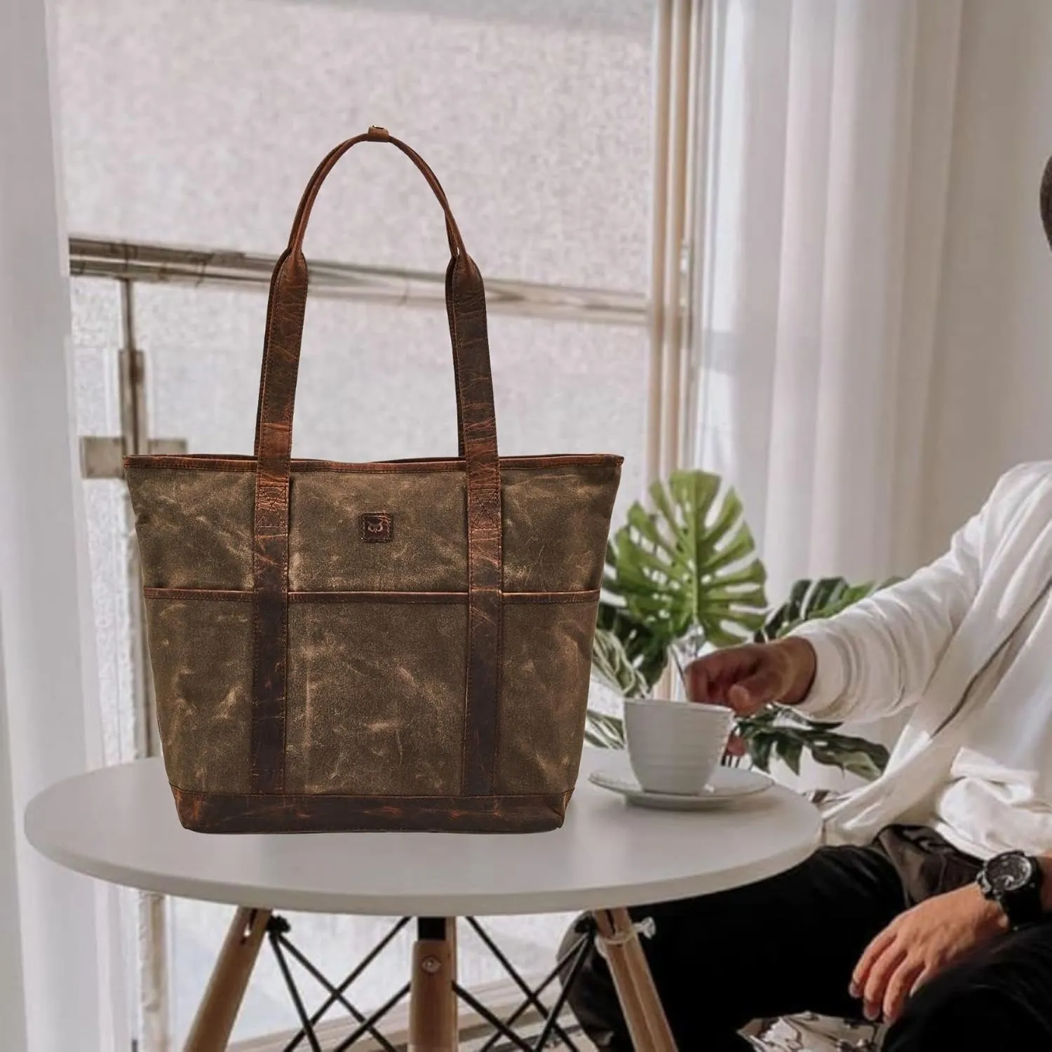 Tote Bag for Women Real Leather Shoulder Handbag Organizer Water Repellent Waxed Canvas