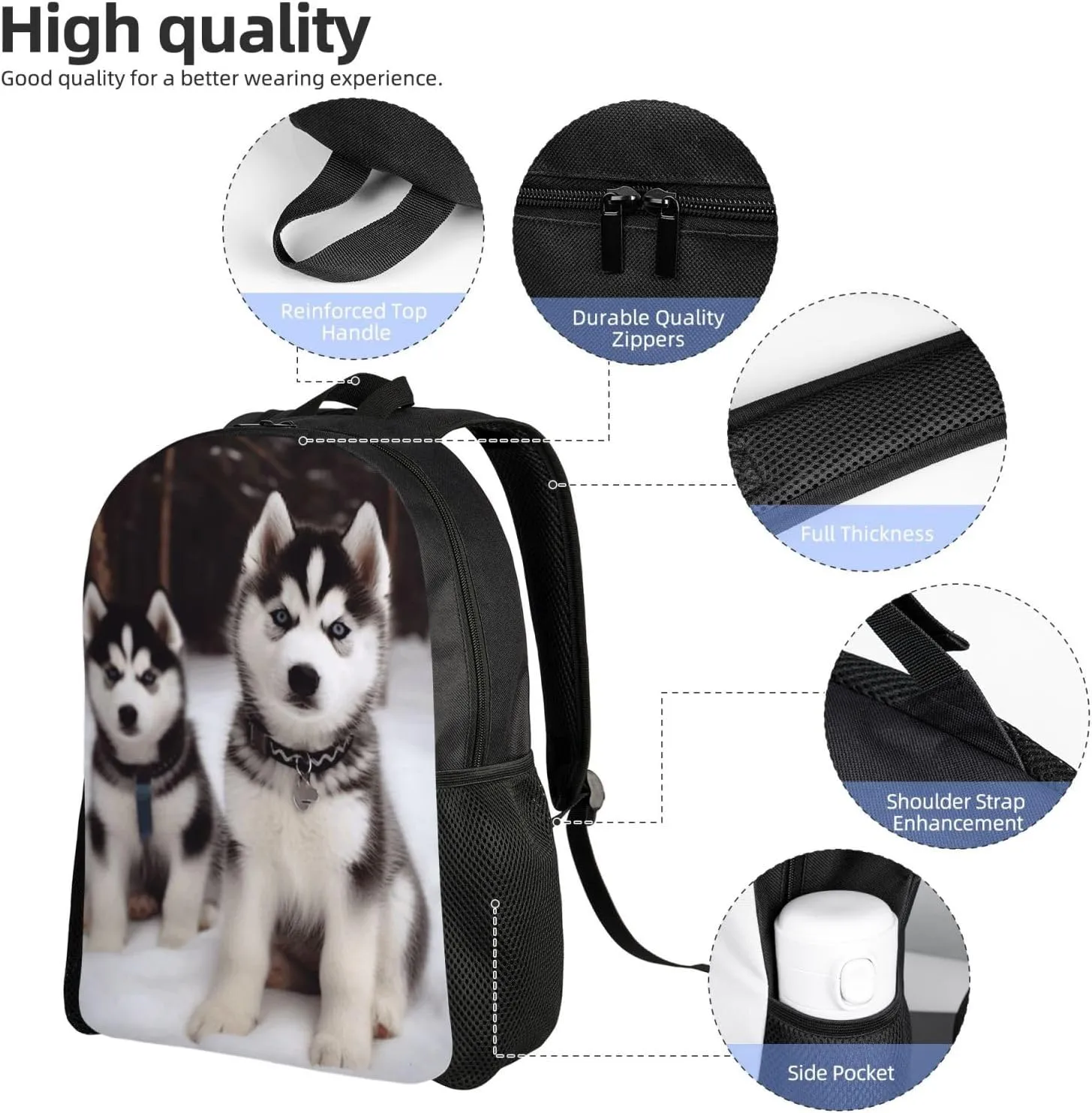 Travel Backpack for Women Men Lightweight 17 inch Laptop Bag Adorable Huskies Backpack Casual Daypack