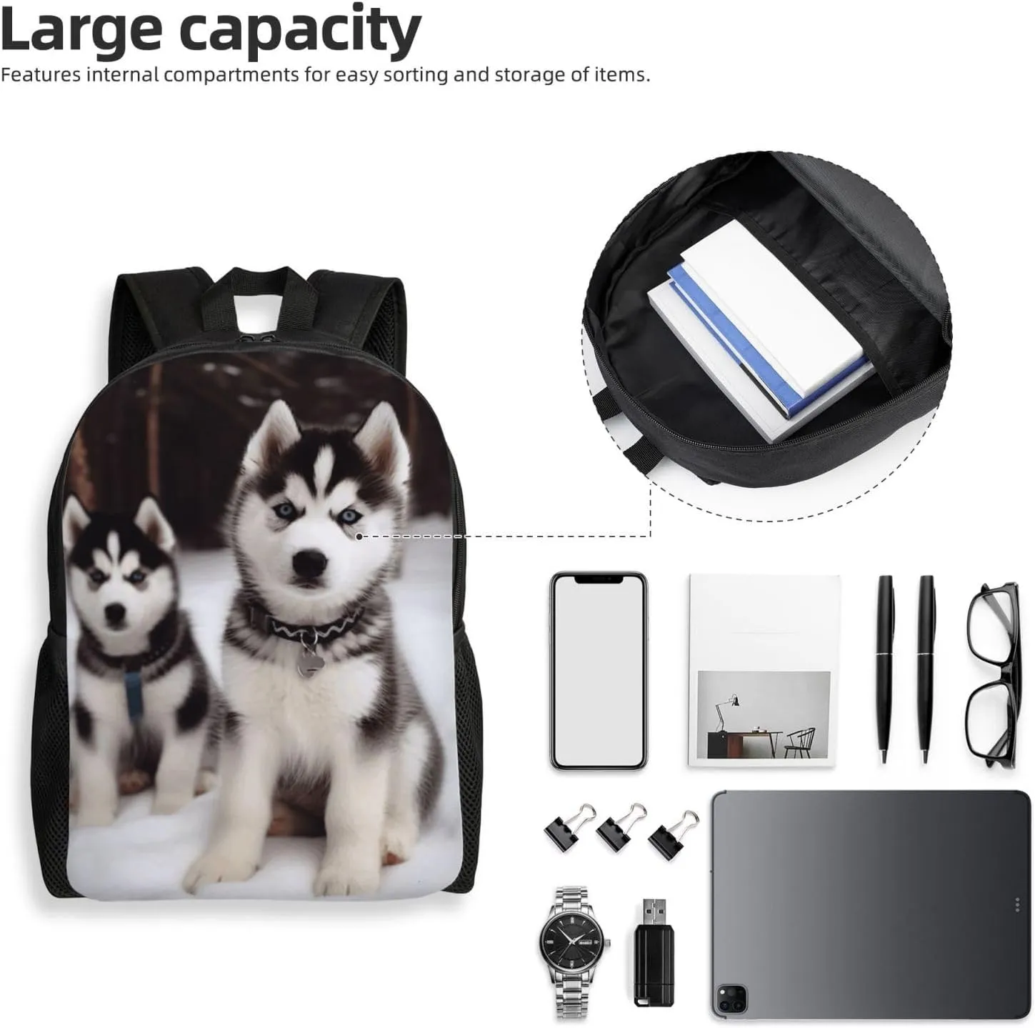 Travel Backpack for Women Men Lightweight 17 inch Laptop Bag Adorable Huskies Backpack Casual Daypack