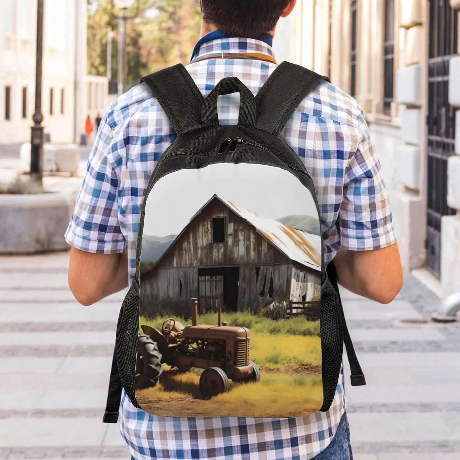 Travel Backpack for Women Men Lightweight 17 inch Laptop Bag Old Wooden Barn with Rusted Tractor Backpack Casual Daypack