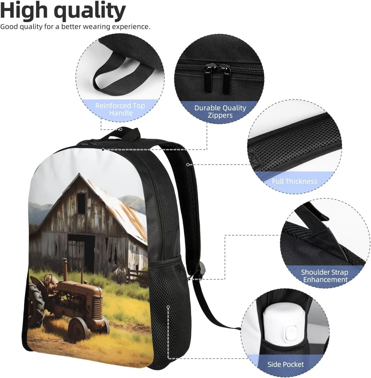 Travel Backpack for Women Men Lightweight 17 inch Laptop Bag Old Wooden Barn with Rusted Tractor Backpack Casual Daypack