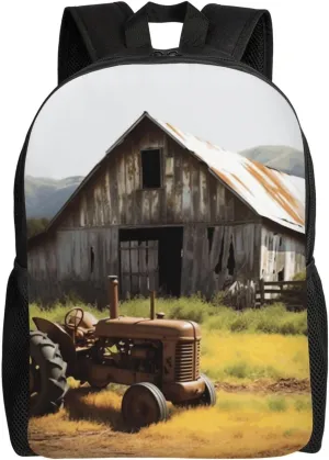 Travel Backpack for Women Men Lightweight 17 inch Laptop Bag Old Wooden Barn with Rusted Tractor Backpack Casual Daypack