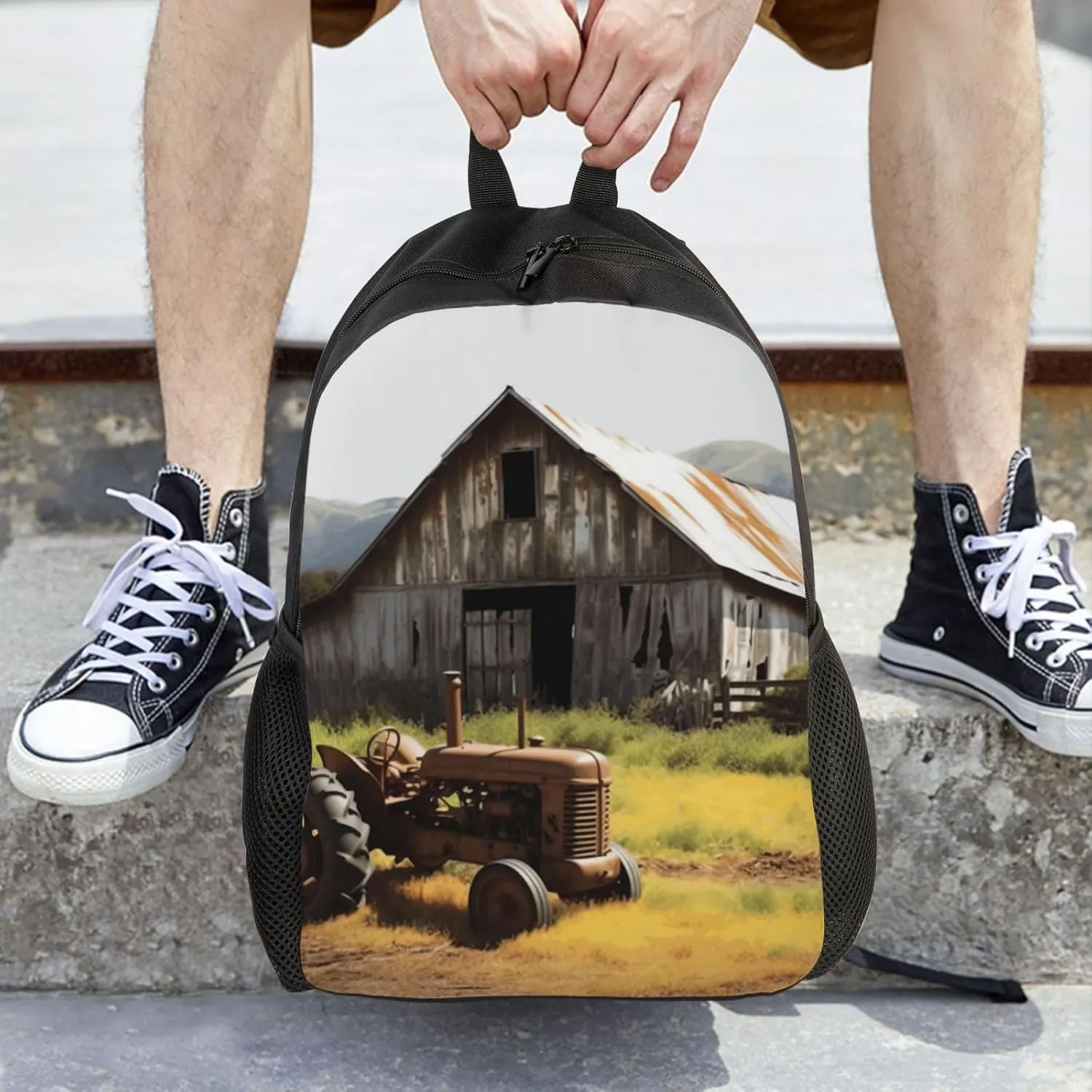Travel Backpack for Women Men Lightweight 17 inch Laptop Bag Old Wooden Barn with Rusted Tractor Backpack Casual Daypack