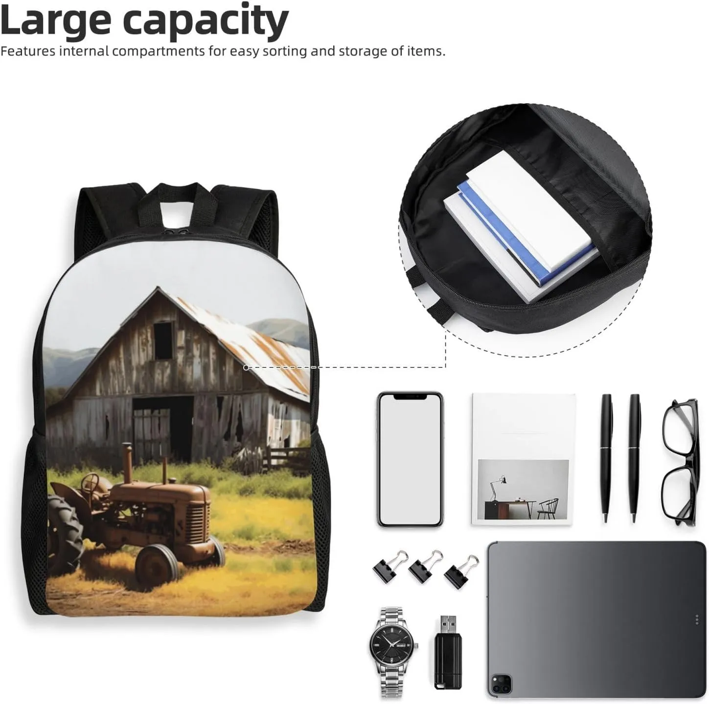 Travel Backpack for Women Men Lightweight 17 inch Laptop Bag Old Wooden Barn with Rusted Tractor Backpack Casual Daypack