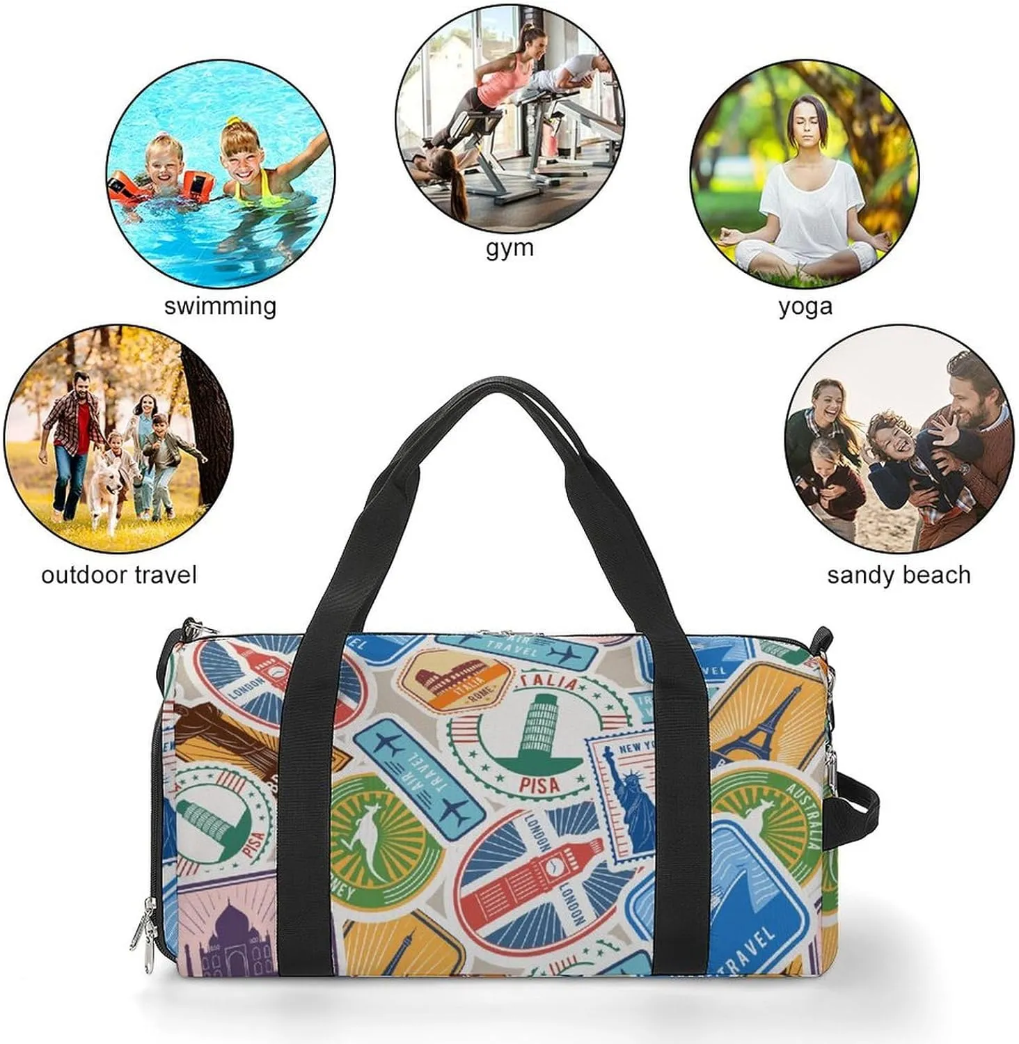 Travel Stamps Stickers Fitness Large Gym Bag for Unisex with Shoe Compartment & Wet Pocket