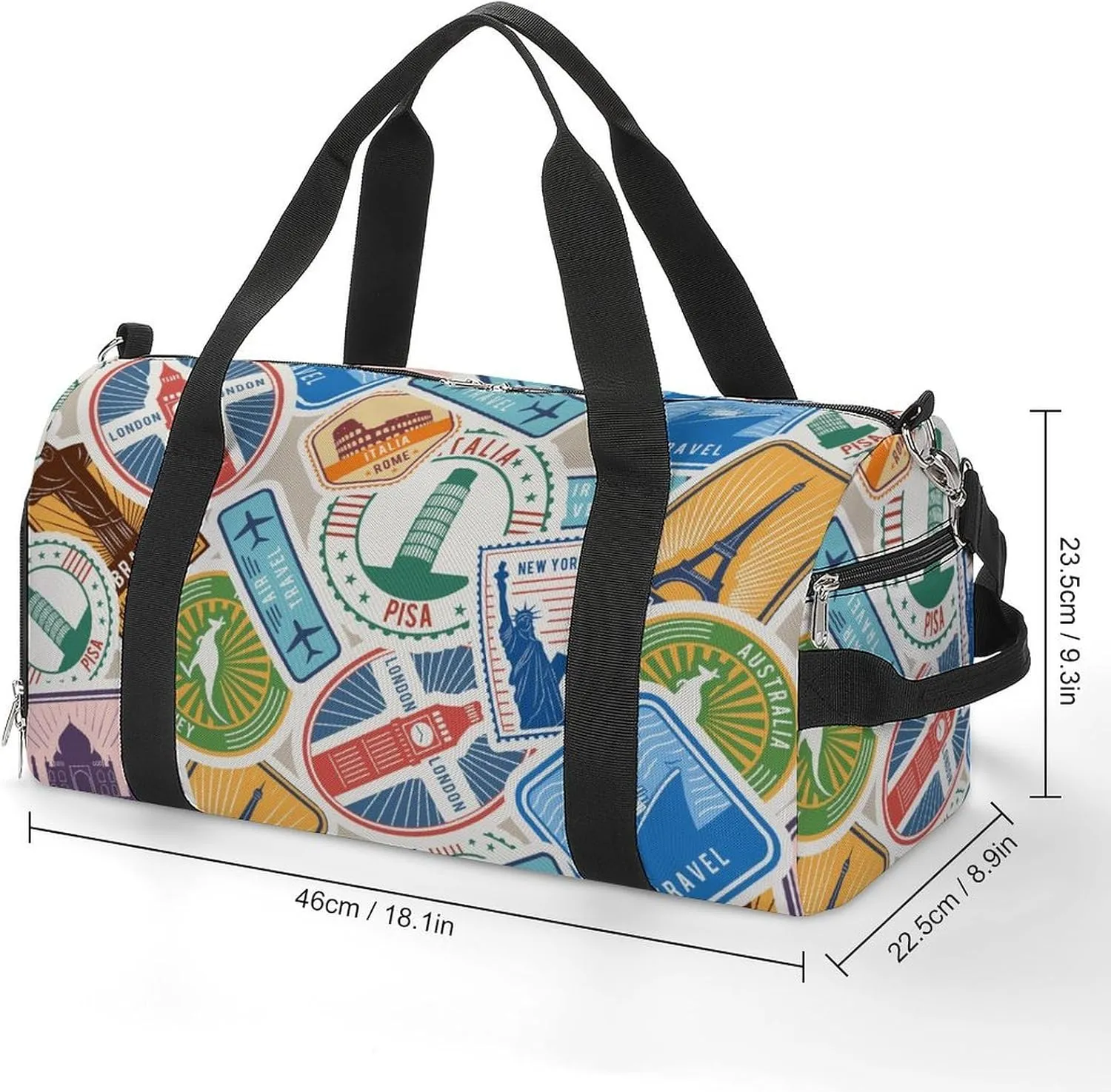 Travel Stamps Stickers Fitness Large Gym Bag for Unisex with Shoe Compartment & Wet Pocket