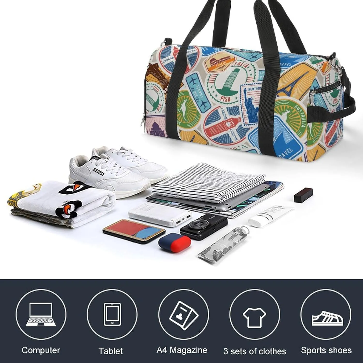 Travel Stamps Stickers Fitness Large Gym Bag for Unisex with Shoe Compartment & Wet Pocket