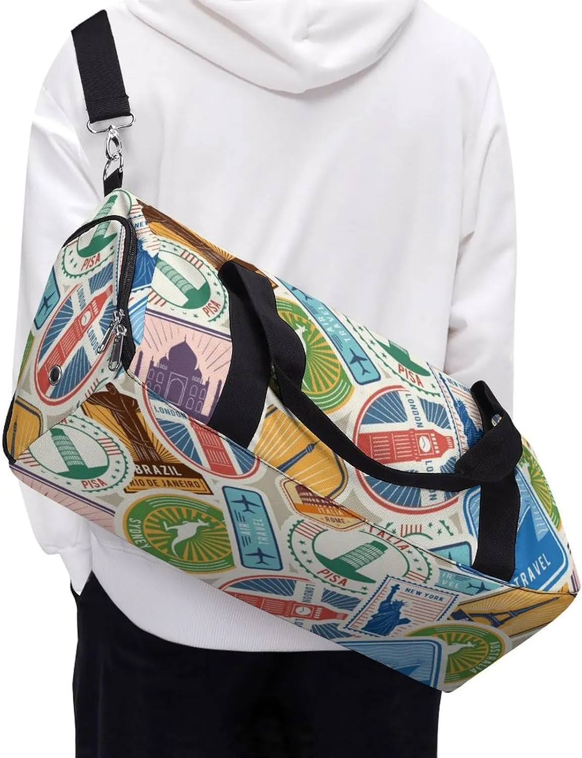 Travel Stamps Stickers Fitness Large Gym Bag for Unisex with Shoe Compartment & Wet Pocket