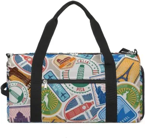 Travel Stamps Stickers Fitness Large Gym Bag for Unisex with Shoe Compartment & Wet Pocket