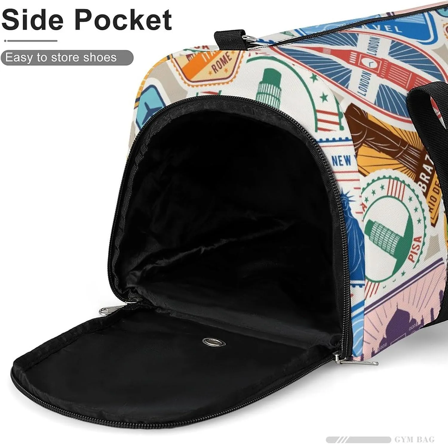 Travel Stamps Stickers Fitness Large Gym Bag for Unisex with Shoe Compartment & Wet Pocket