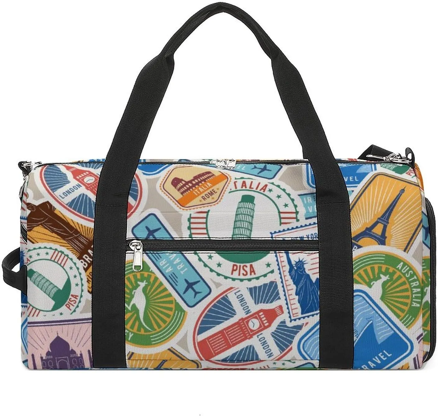 Travel Stamps Stickers Fitness Large Gym Bag for Unisex with Shoe Compartment & Wet Pocket