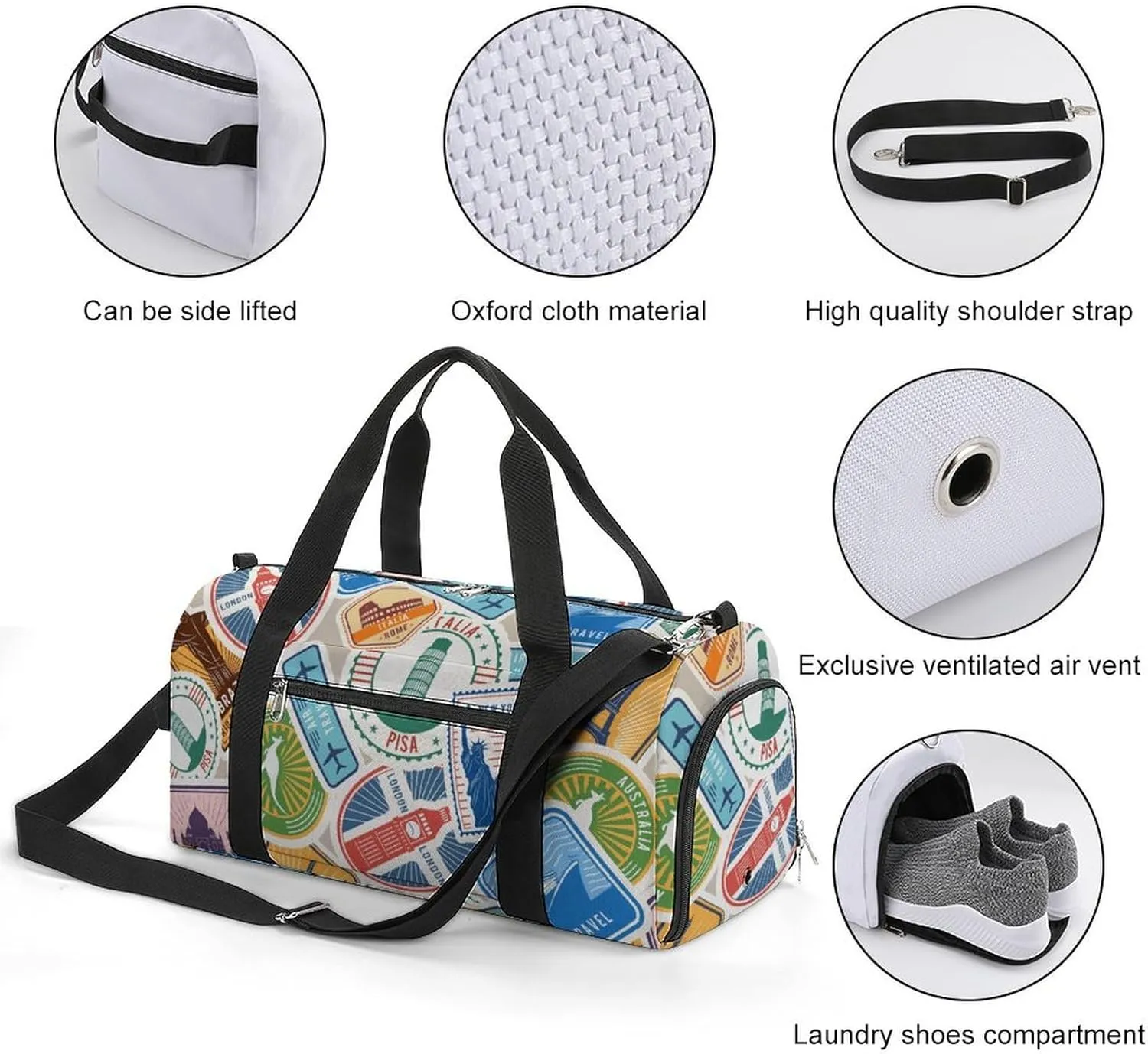 Travel Stamps Stickers Fitness Large Gym Bag for Unisex with Shoe Compartment & Wet Pocket