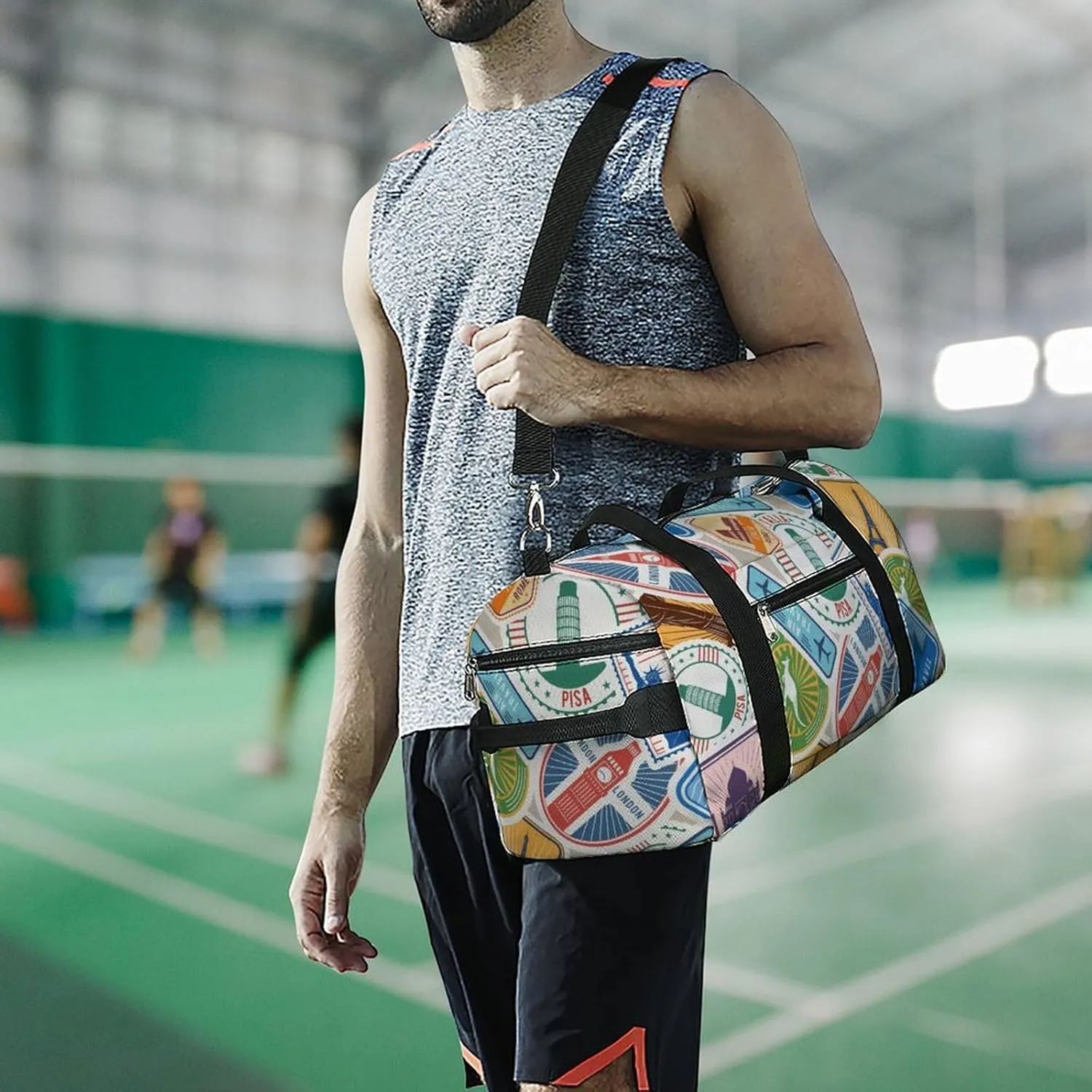 Travel Stamps Stickers Fitness Large Gym Bag for Unisex with Shoe Compartment & Wet Pocket