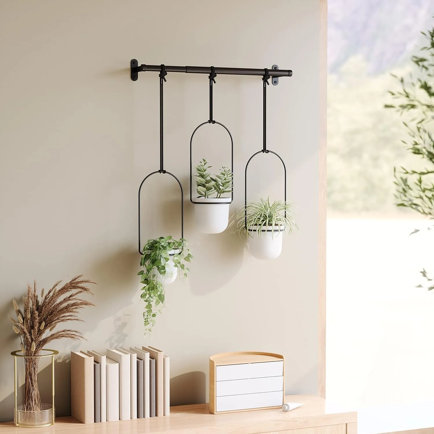 Umbra Triflora Hanging Planter for Window, Indoor Herb Garden, Set of 3, White/Black