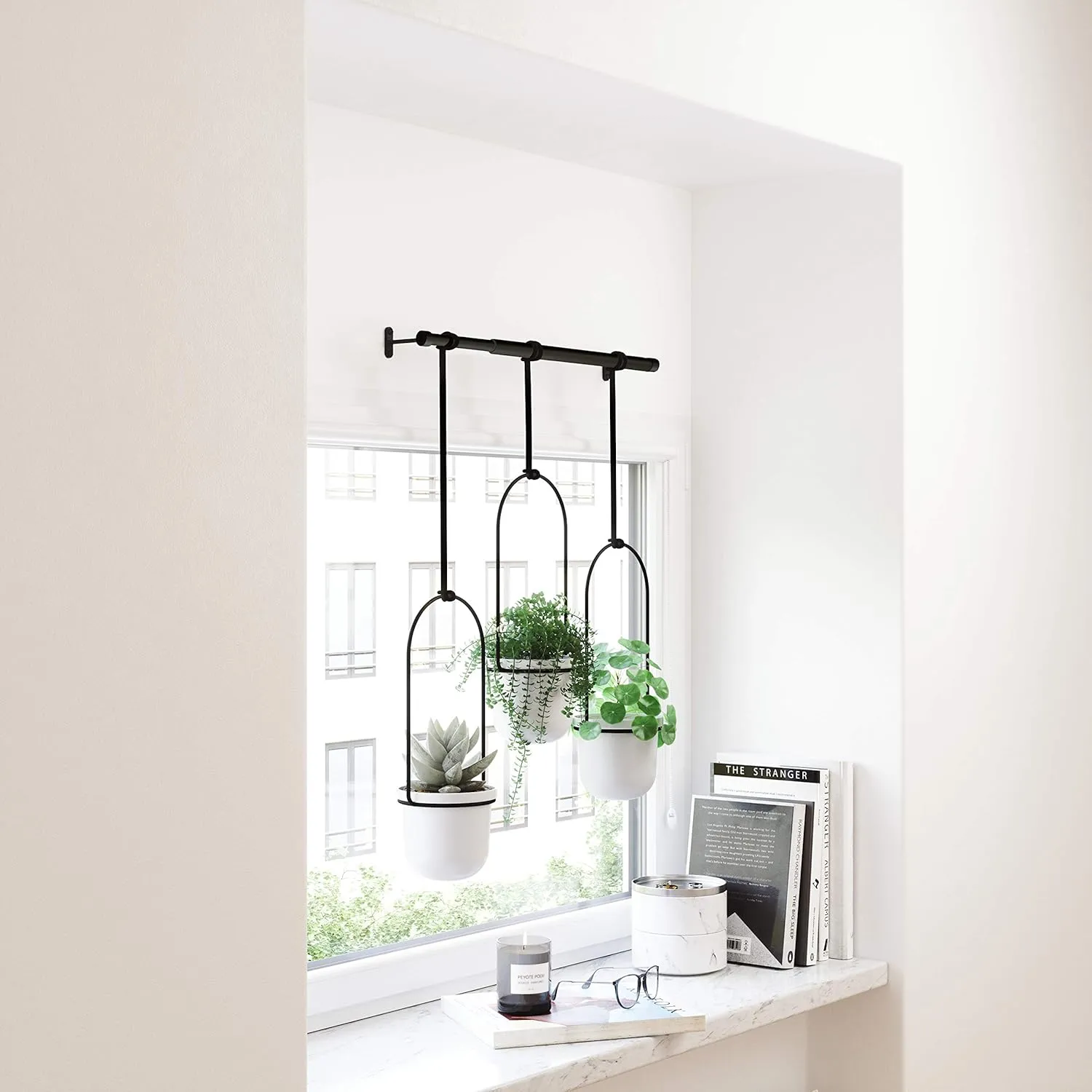 Umbra Triflora Hanging Planter for Window, Indoor Herb Garden, Set of 3, White/Black
