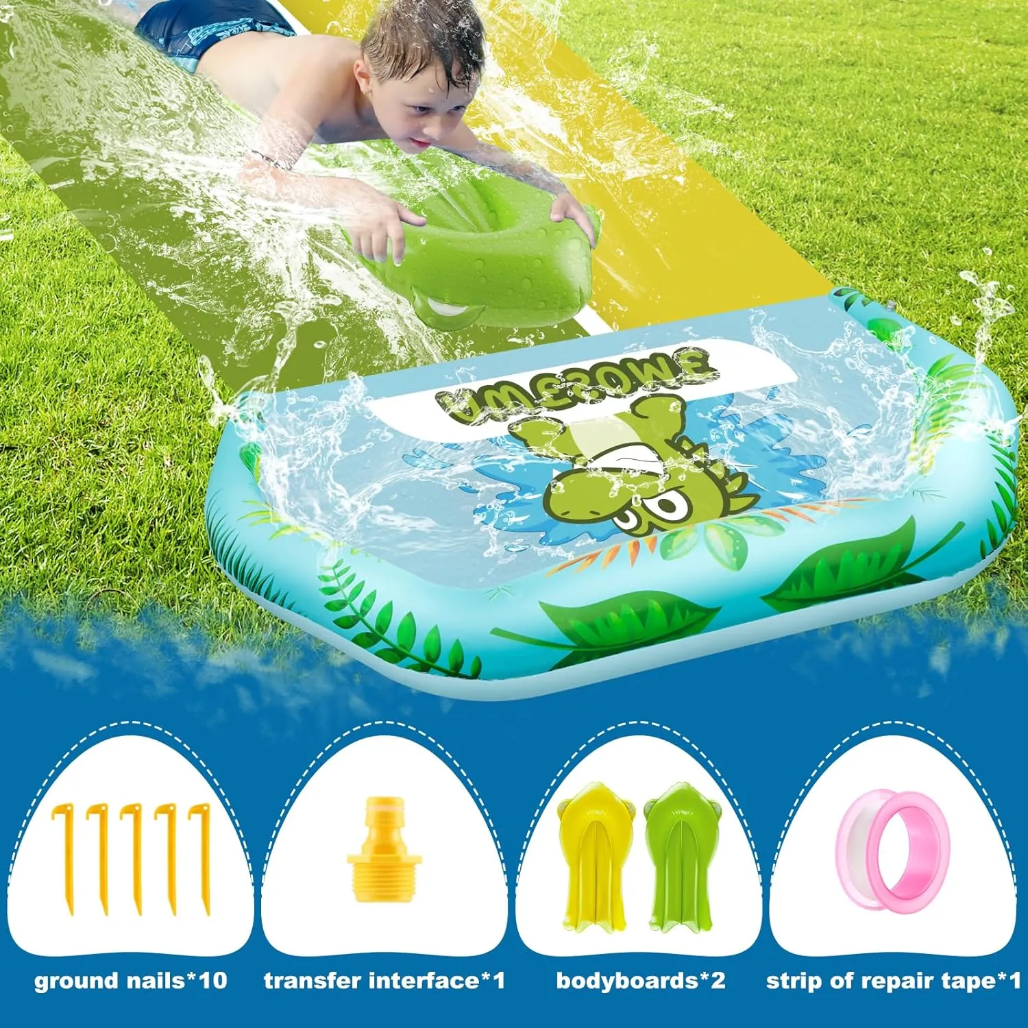 VEEST 33 FT Extra Long Water Slides for Kids Adults, Giant Double Lawn Water Slip Heavy Duty with 2 Bodyboards, Summer Water Slides Toys with Crash Pad for Backyard Outdoor