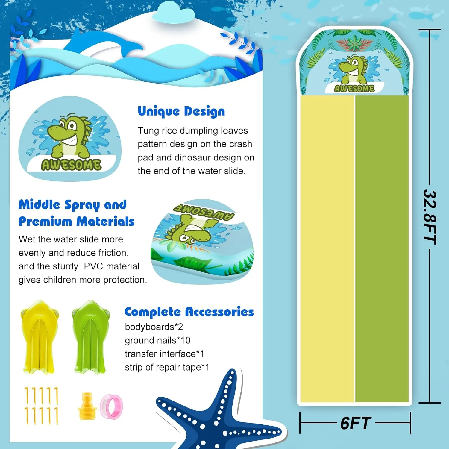 VEEST 33 FT Extra Long Water Slides for Kids Adults, Giant Double Lawn Water Slip Heavy Duty with 2 Bodyboards, Summer Water Slides Toys with Crash Pad for Backyard Outdoor