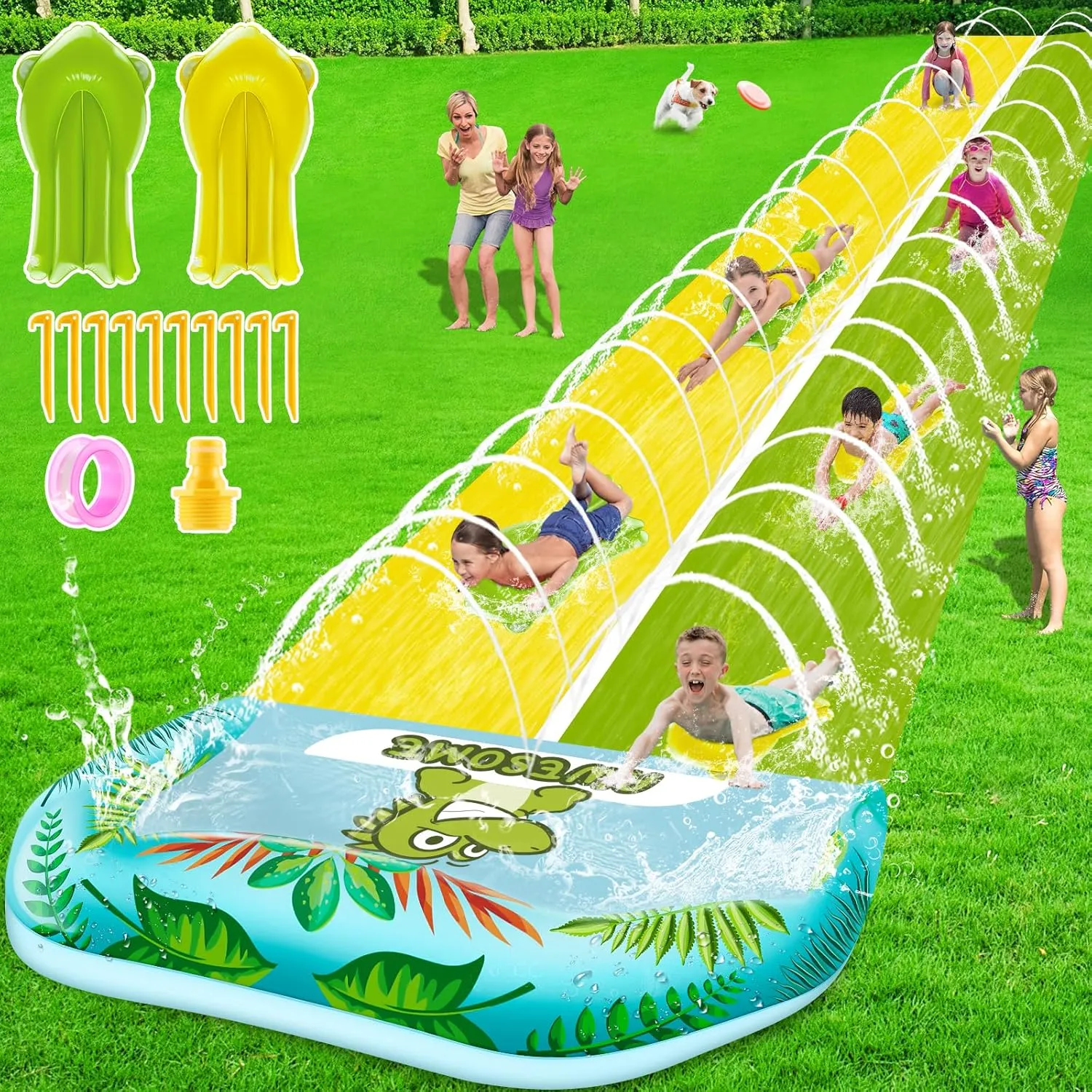 VEEST 33 FT Extra Long Water Slides for Kids Adults, Giant Double Lawn Water Slip Heavy Duty with 2 Bodyboards, Summer Water Slides Toys with Crash Pad for Backyard Outdoor