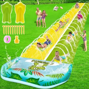 VEEST 33 FT Extra Long Water Slides for Kids Adults, Giant Double Lawn Water Slip Heavy Duty with 2 Bodyboards, Summer Water Slides Toys with Crash Pad for Backyard Outdoor