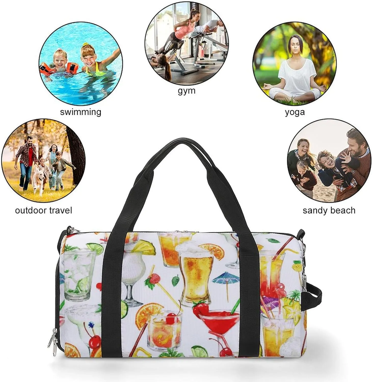Watercolor Cocktails Fitness Large Gym Bag for Unisex with Shoe Compartment & Wet Pocket