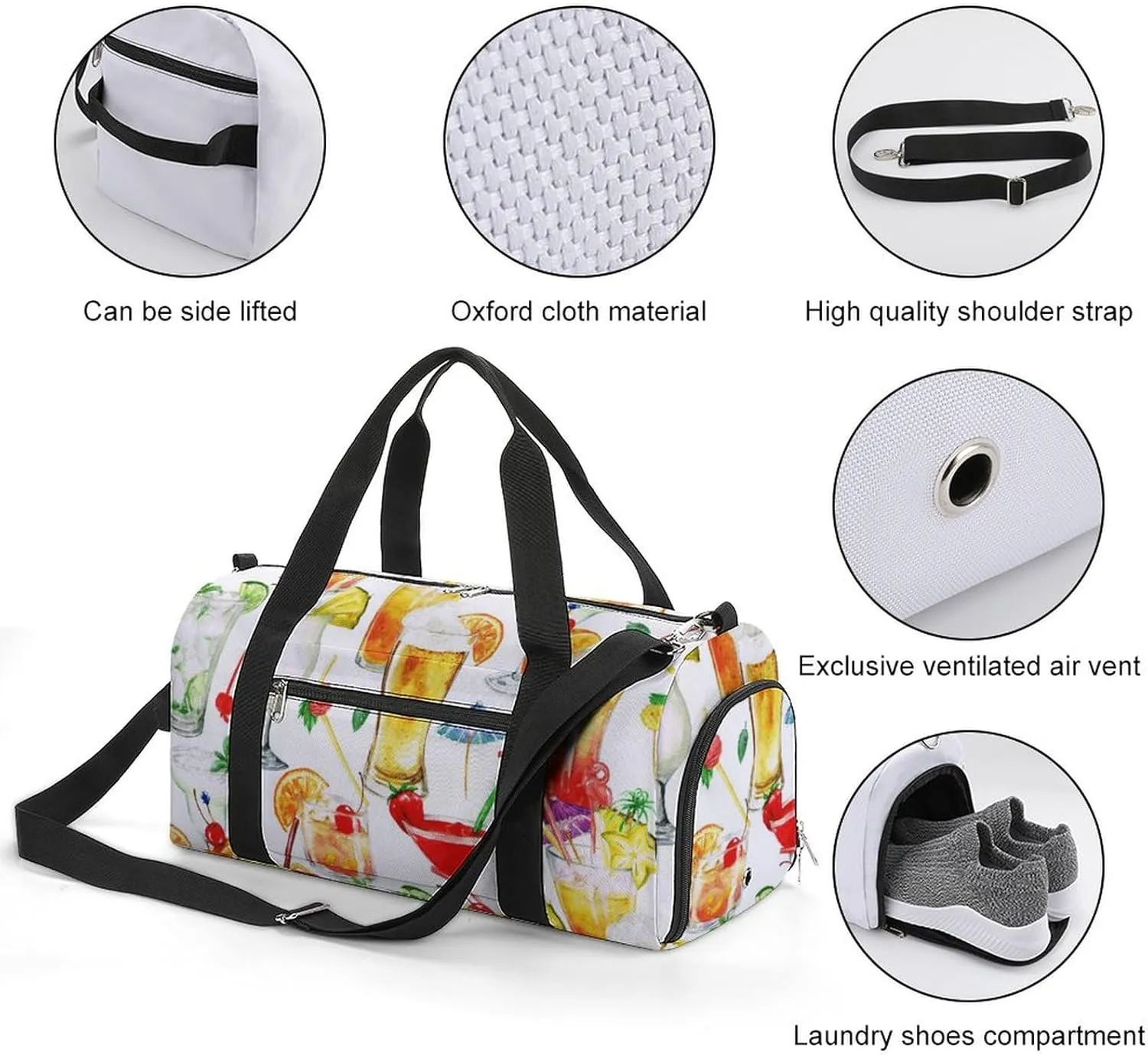 Watercolor Cocktails Fitness Large Gym Bag for Unisex with Shoe Compartment & Wet Pocket