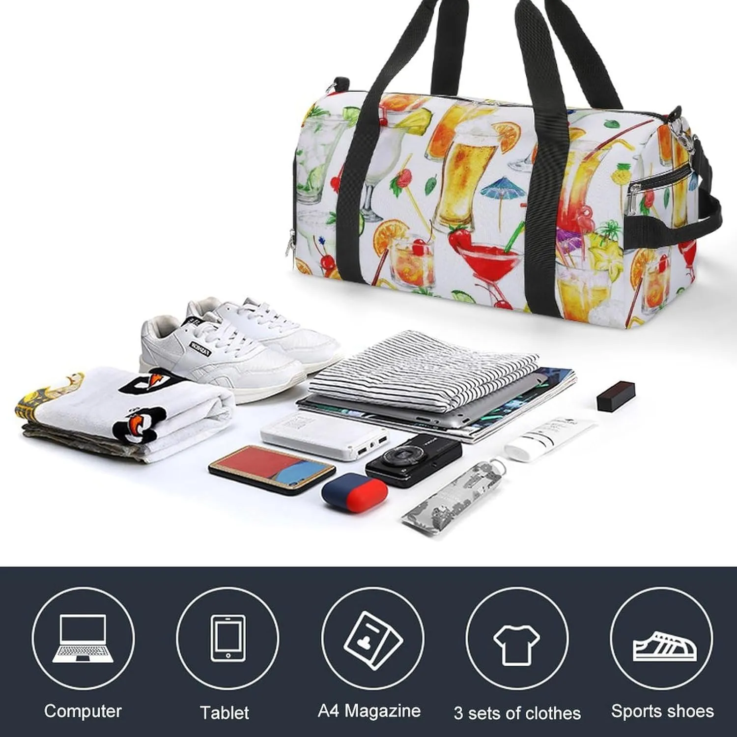 Watercolor Cocktails Fitness Large Gym Bag for Unisex with Shoe Compartment & Wet Pocket