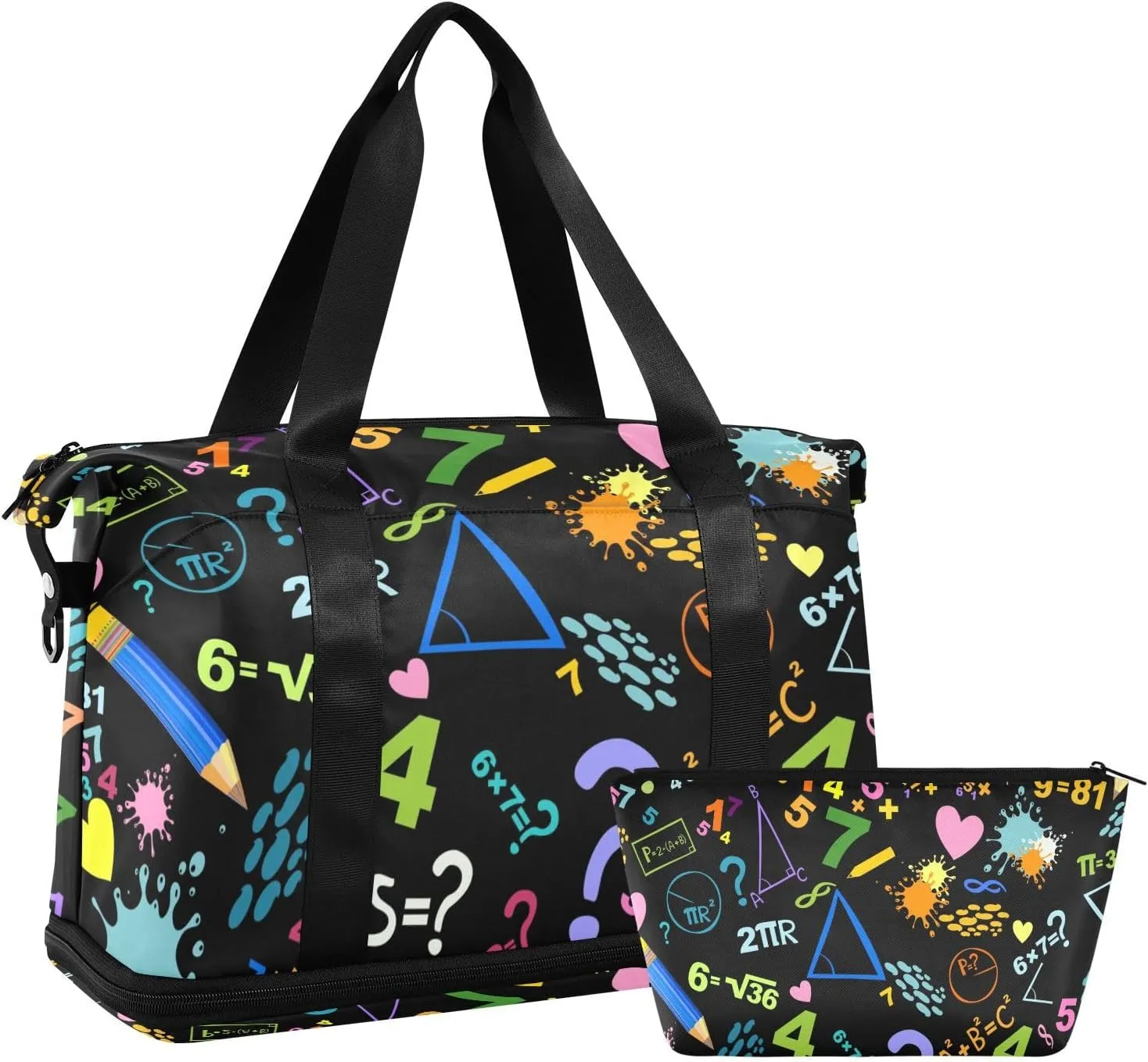 Weekender Bag Set Colored Mathematics Concepts Sport Travel Duffel Bag Large Tote Bag with Shoe Compartment