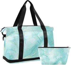 Weekender Bag Set Mint Liquid Marble Texture Sport Travel Duffel Bag Large Tote Bag with Shoe Compartment